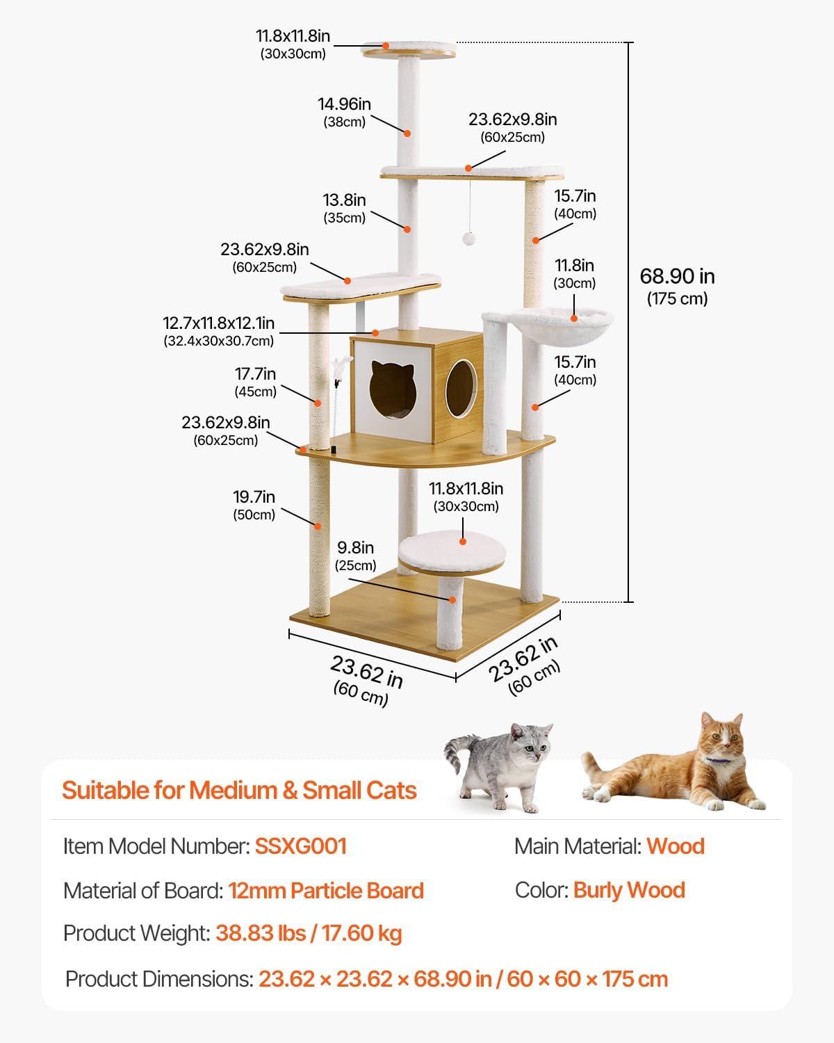 image:imageVEVOR Large Cat Tree 689 inches Tall Cat Tower MultiLevel Cat Condo Furniture Activity Center with Cozy Perches Sisal Scratching Posts Hammock Big Kittens House for Indoor Cats Play amp RestBurly Wood