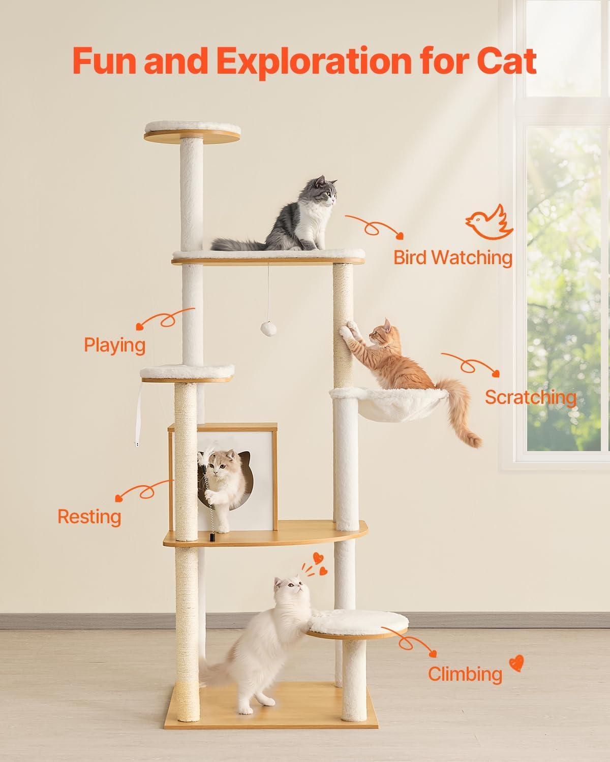image:imageVEVOR Large Cat Tree 689 inches Tall Cat Tower MultiLevel Cat Condo Furniture Activity Center with Cozy Perches Sisal Scratching Posts Hammock Big Kittens House for Indoor Cats Play amp RestBurly Wood