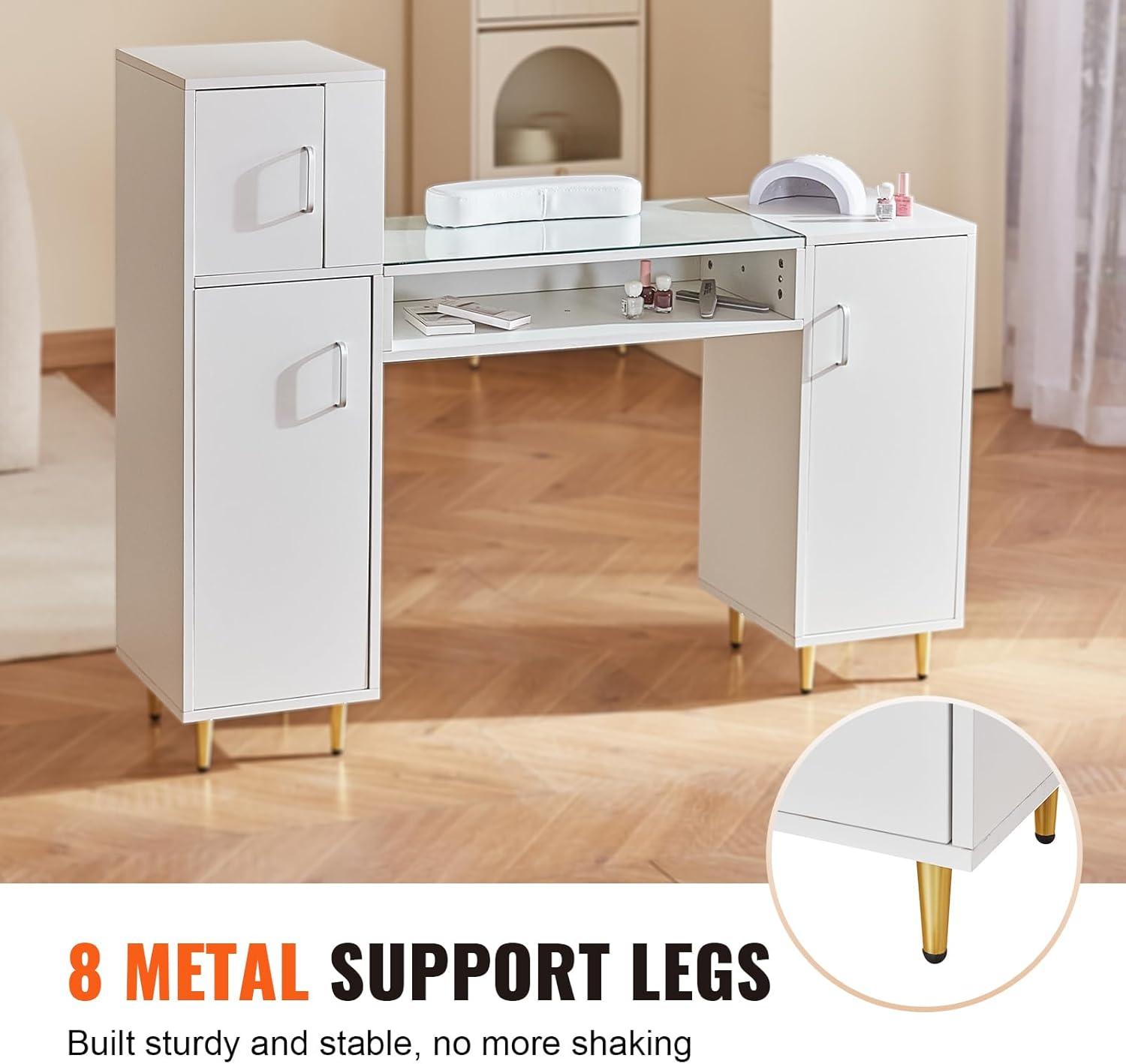 image:imageVEVOR Manicure Table Glass Top Desk Makeup Dressing Station with Storage Cabinets AcetoneResistant Nail Tech Table for Spa Beauty Salon Workstation with Wrist Rest 8 Metal Legs White