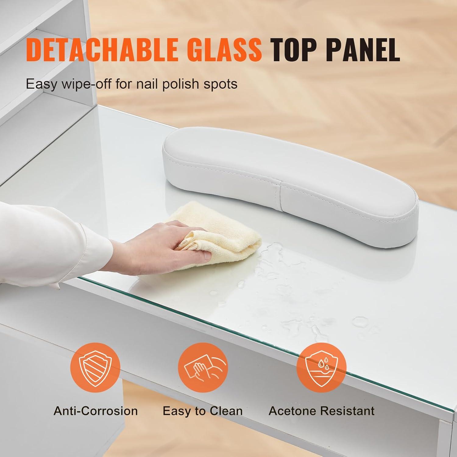 image:imageVEVOR Manicure Table Glass Top Desk Makeup Dressing Station with Storage Cabinets AcetoneResistant Nail Tech Table for Spa Beauty Salon Workstation with Wrist Rest 8 Metal Legs White