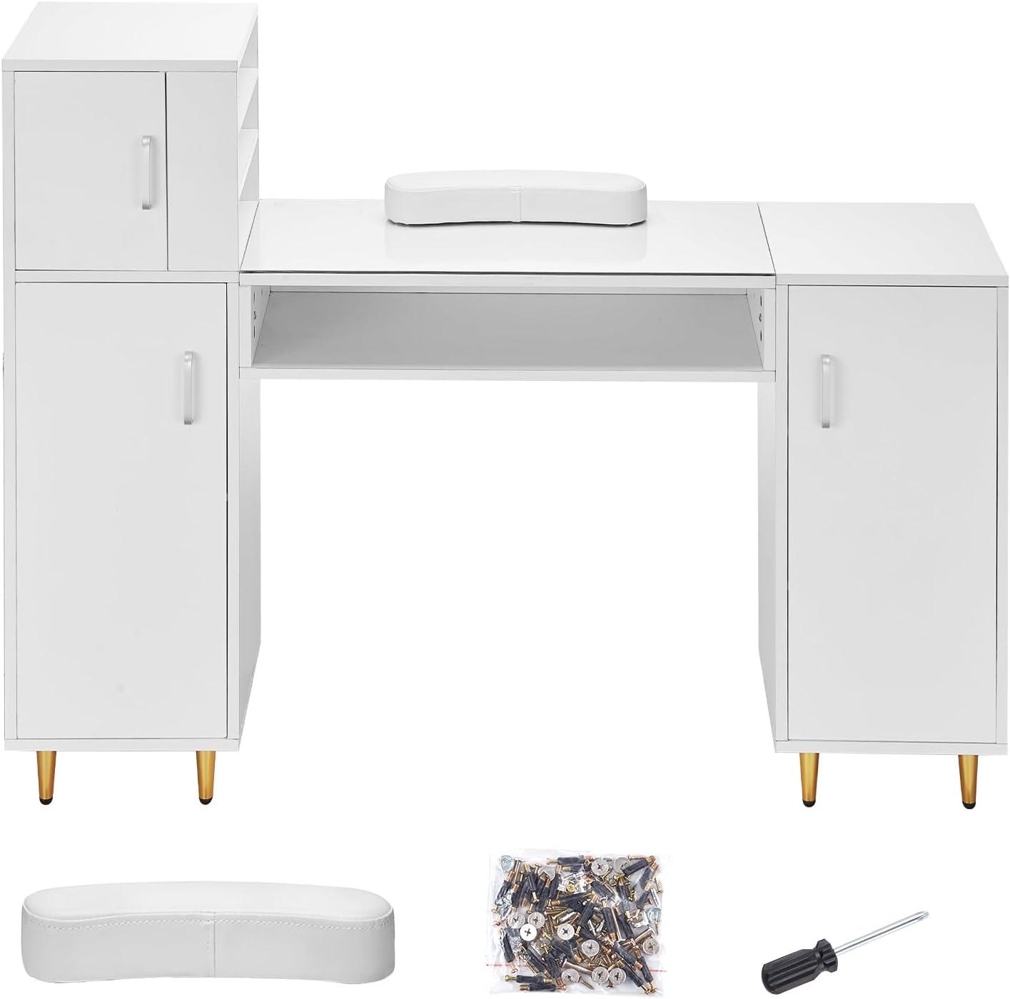 image:imageVEVOR Manicure Table Glass Top Desk Makeup Dressing Station with Storage Cabinets AcetoneResistant Nail Tech Table for Spa Beauty Salon Workstation with Wrist Rest 8 Metal Legs White