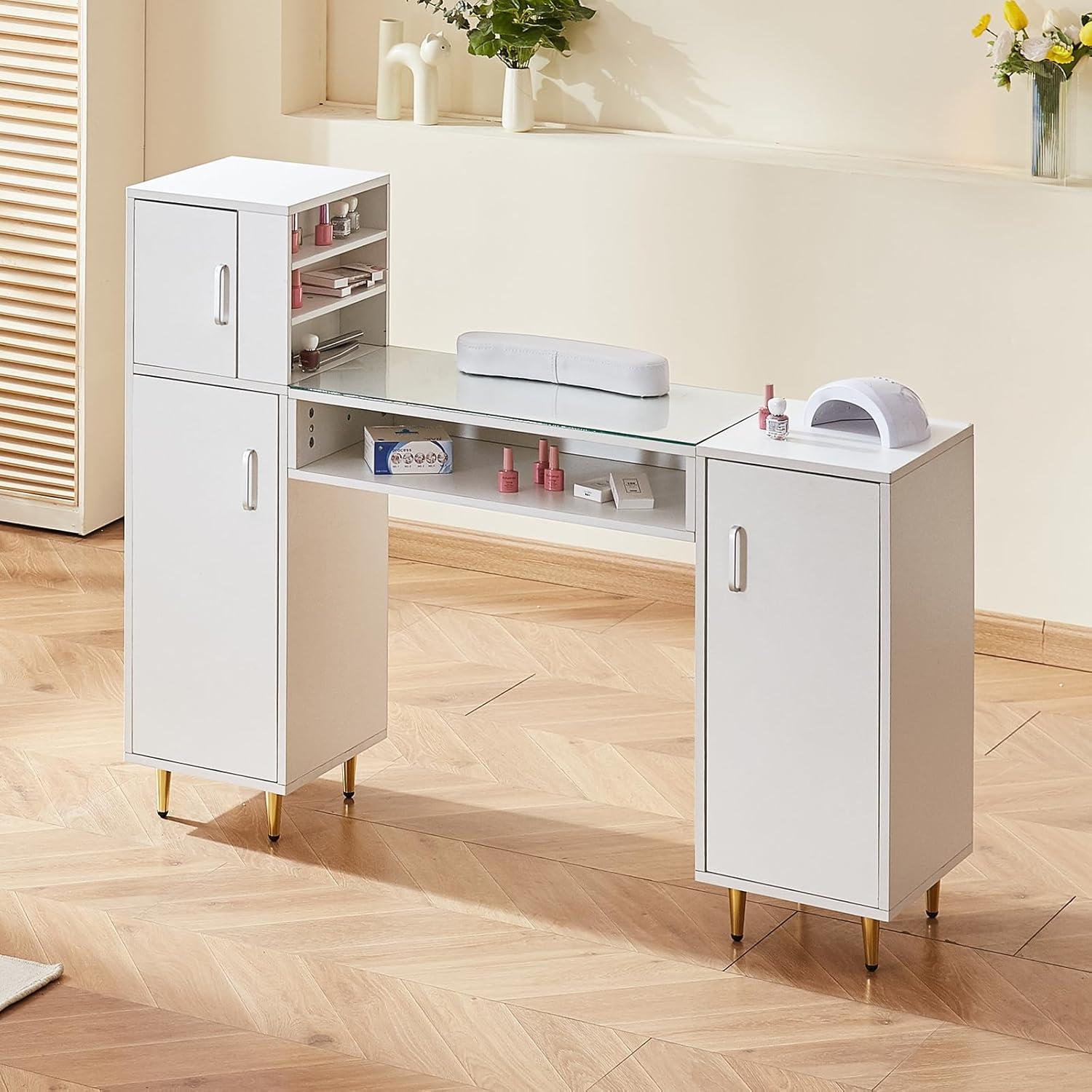 image:imageVEVOR Manicure Table Glass Top Desk Makeup Dressing Station with Storage Cabinets AcetoneResistant Nail Tech Table for Spa Beauty Salon Workstation with Wrist Rest 8 Metal Legs White