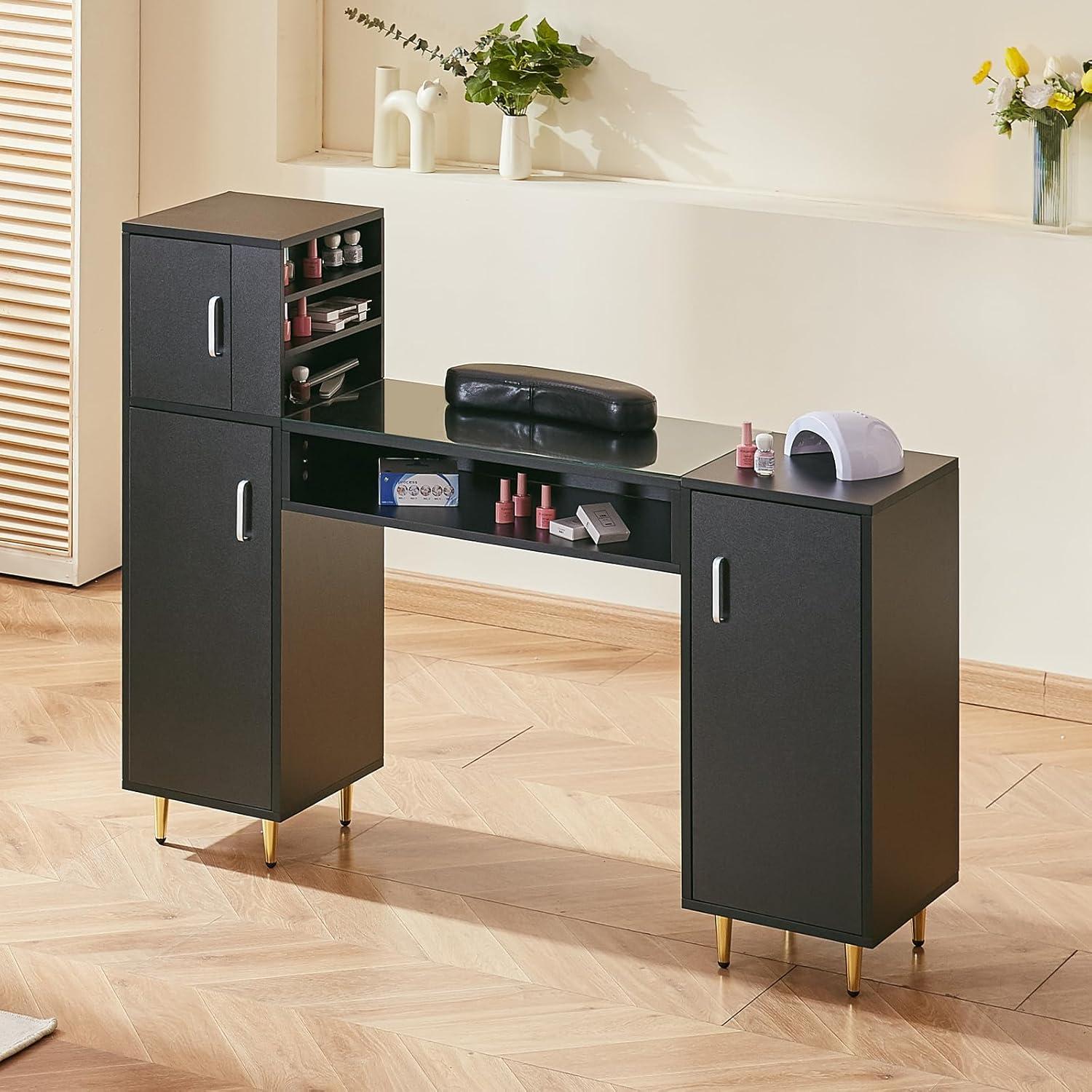 image:imageVEVOR Manicure Table Glass Top Nail Tech Desk Makeup Dressing Nail Station with Spacious Storage Cabinets AcetoneResistant Nail Tech Table with Wrist Rest 8 Metal Legs for Spa Beauty Salon Black