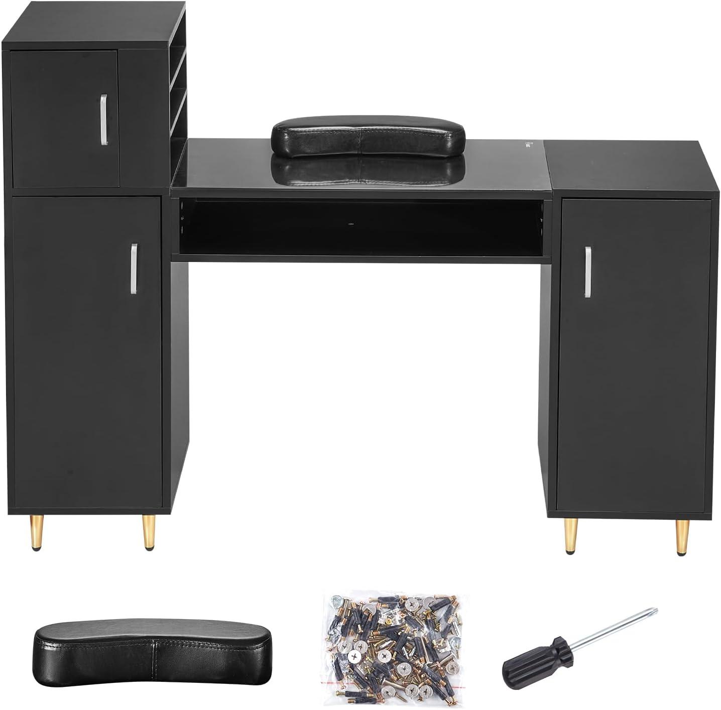image:imageVEVOR Manicure Table Glass Top Nail Tech Desk Makeup Dressing Nail Station with Spacious Storage Cabinets AcetoneResistant Nail Tech Table with Wrist Rest 8 Metal Legs for Spa Beauty Salon Black