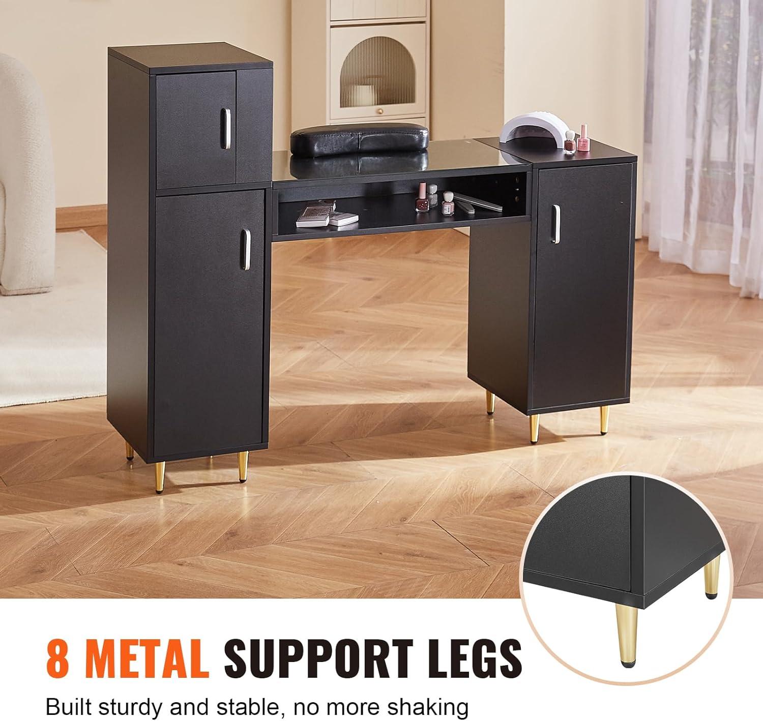 image:imageVEVOR Manicure Table Glass Top Nail Tech Desk Makeup Dressing Nail Station with Spacious Storage Cabinets AcetoneResistant Nail Tech Table with Wrist Rest 8 Metal Legs for Spa Beauty Salon Black