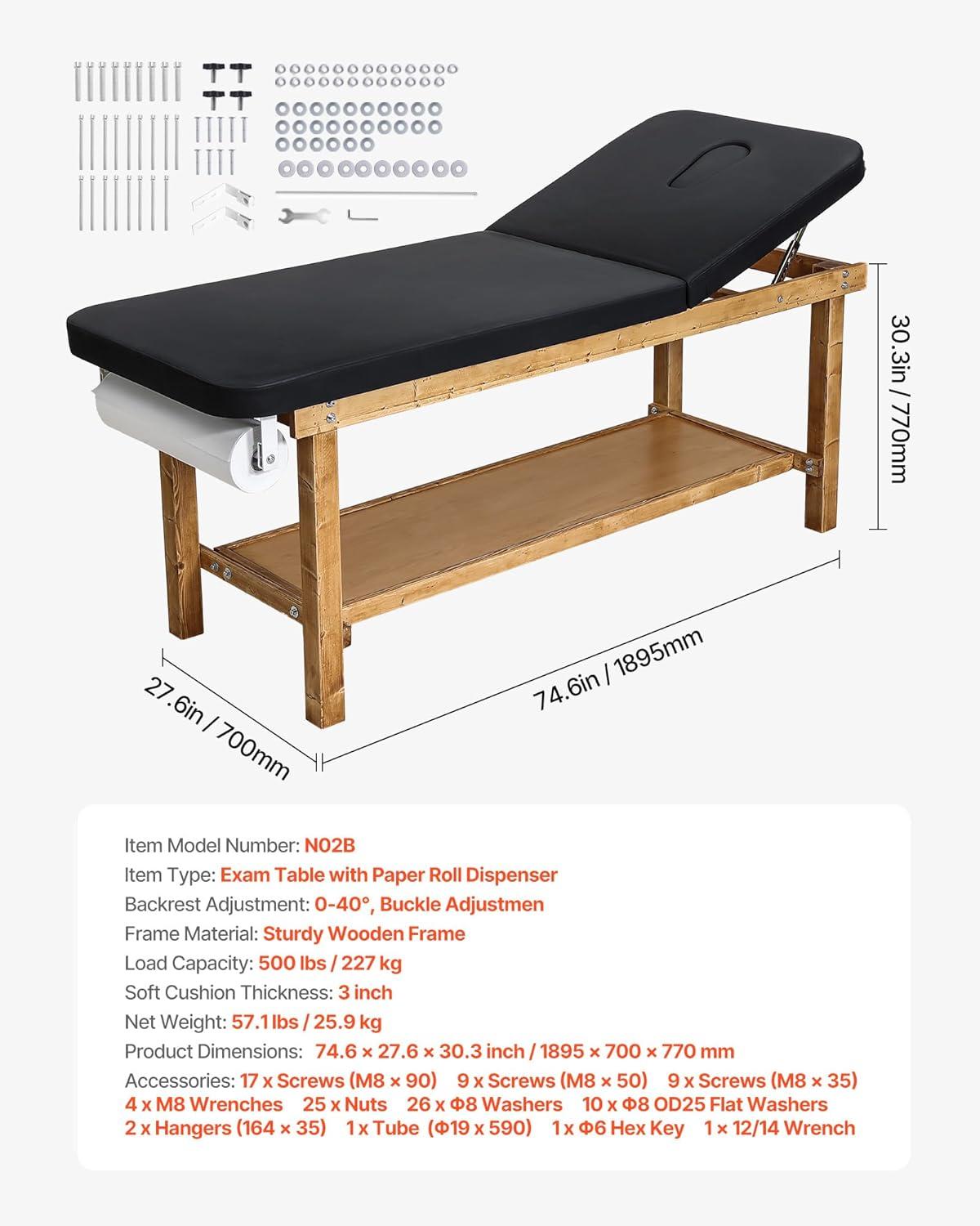 image:imageVEVOR Medical Exam Table Wooden Framed Medical Examination Bed Physical Therapy Exam Table with Adjustable Backrest Storage Shelf amp Paper Roll Dispenser for Hospitals Clinics Rehab Centers 500LBS