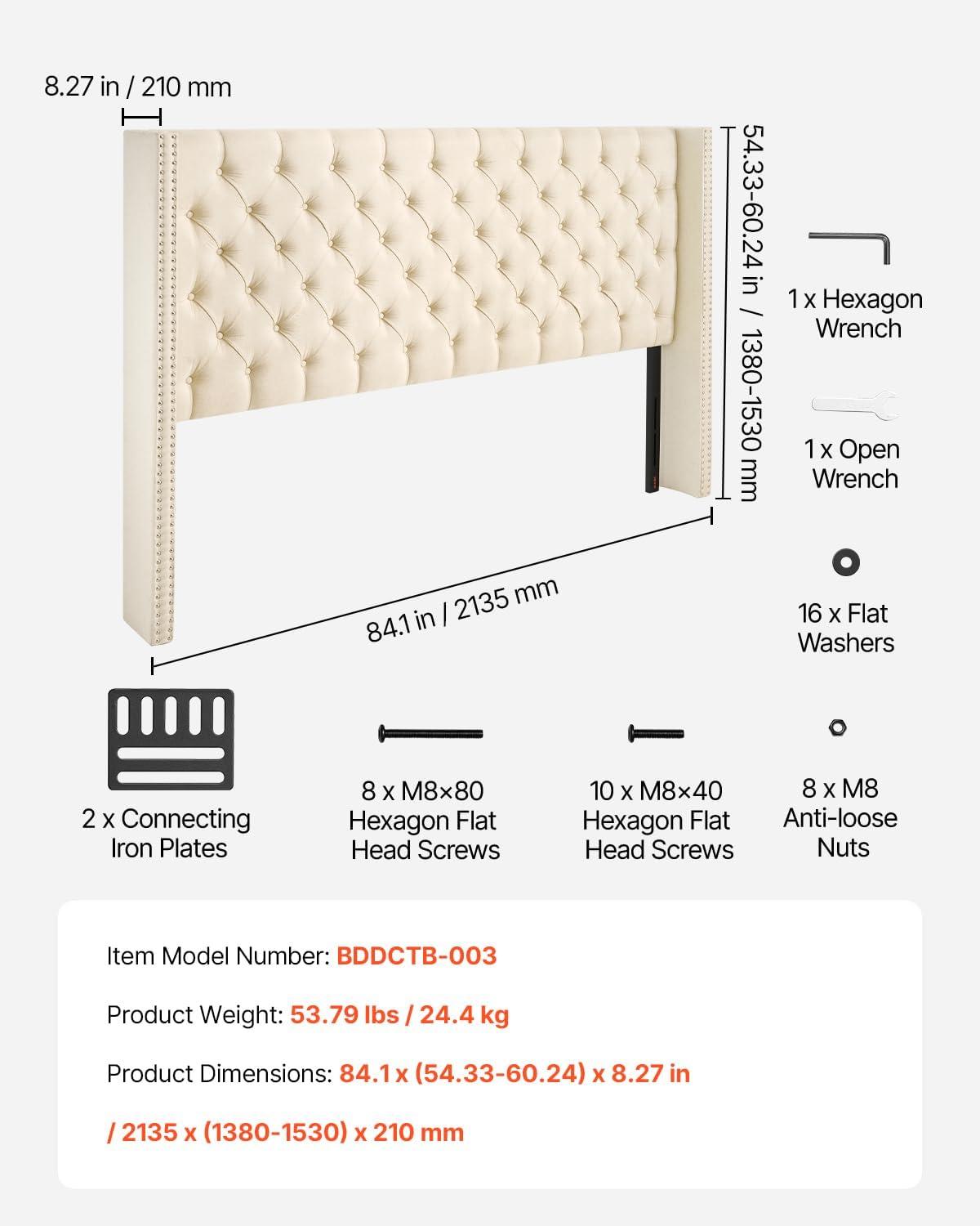 image:imageVEVOR Metal Headboard Queen Size Headboard with Adjustable Height W5965 x H4055 x D15 inches Ideal for Bedroom Hotel Homestay Dormitory Blackcarbon steel