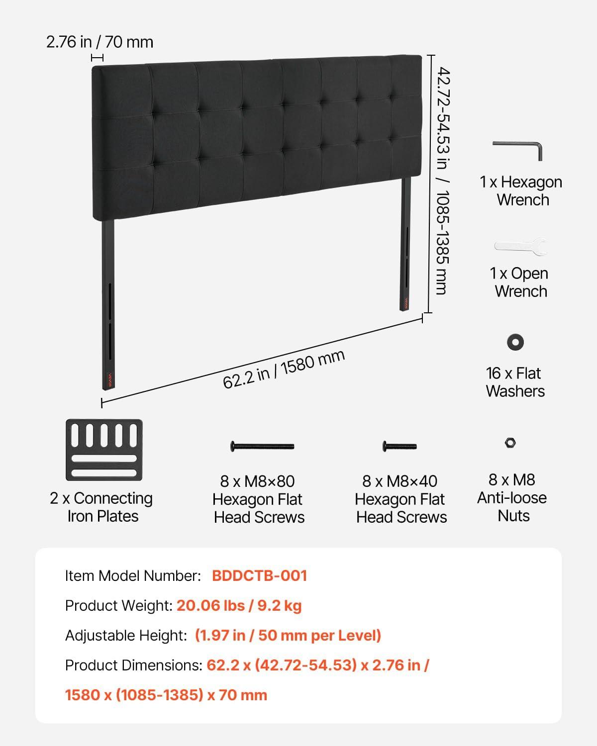 image:imageVEVOR Metal Headboard Queen Size Headboard with Adjustable Height W5965 x H4055 x D15 inches Ideal for Bedroom Hotel Homestay Dormitory Blackcarbon steel