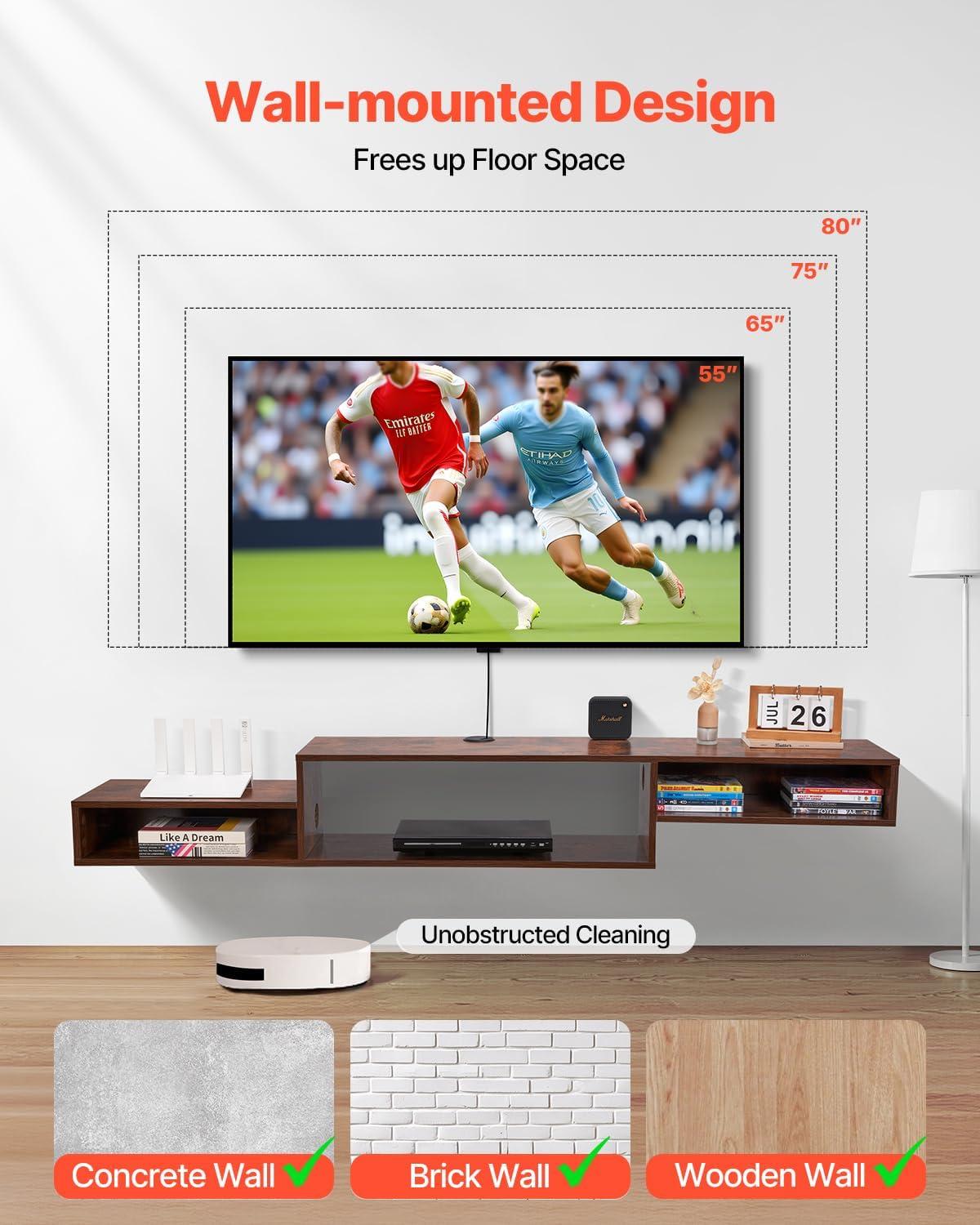 image:imageVEVOR Modern Floating TV Stand 71 Wall Mounted Media Console for 80 inch TVs Floating Entertainment Center Under TV Shelf with Storage Cabinet for Bedroom amp Living Room WhiteRustic Brown
