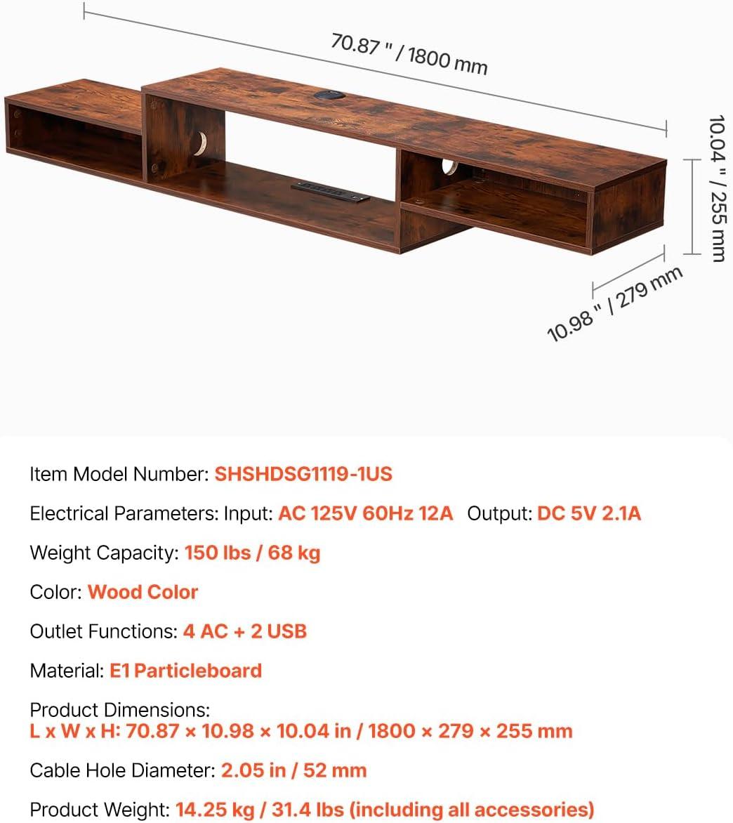 image:imageVEVOR Modern Floating TV Stand 71 Wall Mounted Media Console for 80 inch TVs Floating Entertainment Center Under TV Shelf with Storage Cabinet for Bedroom amp Living Room WhiteRustic Brown