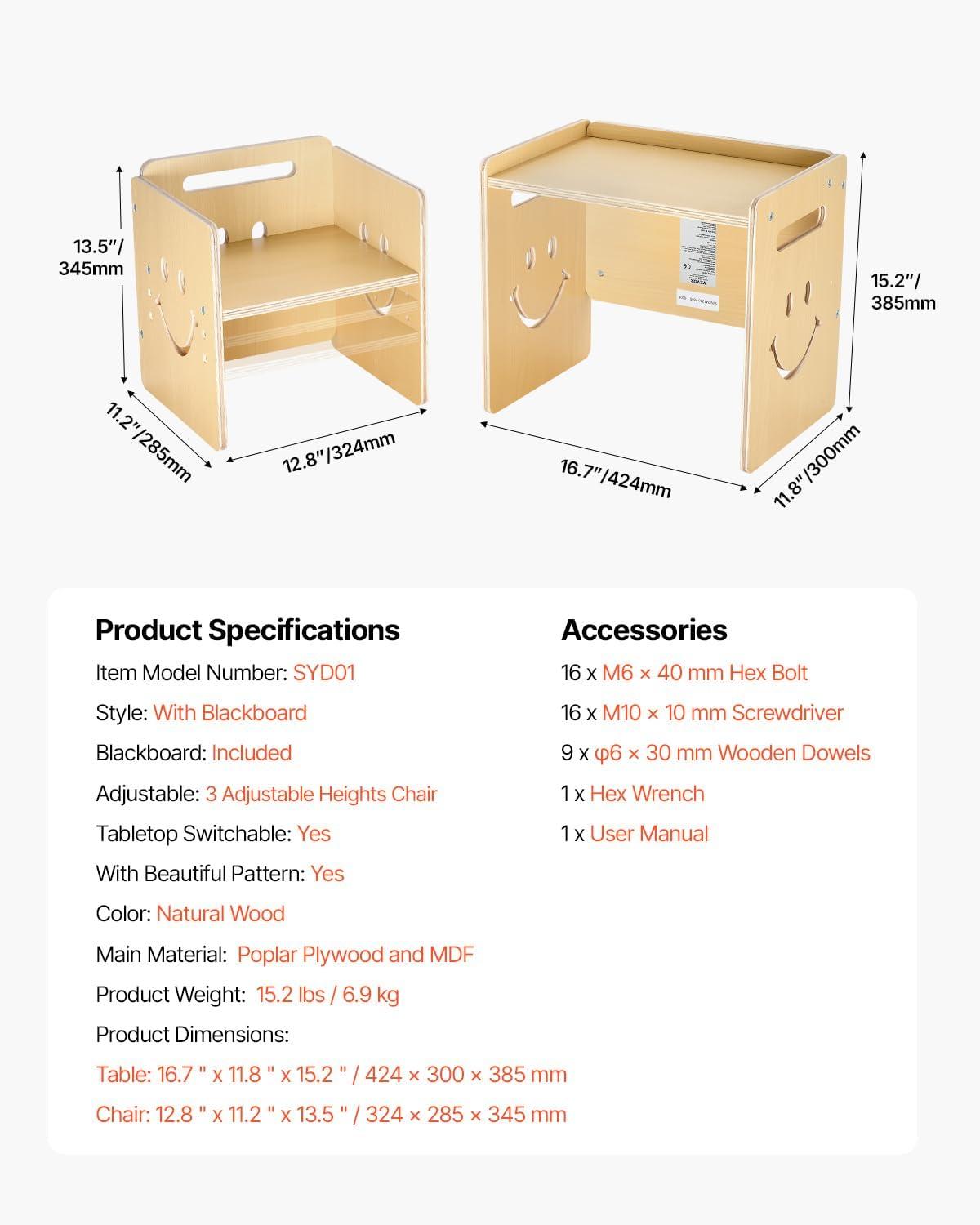 image:imageVEVOR Montessori Weaning Table and Chair Set 3 in 1 Wooden Toddler Table and Chairs with Chalkboard Adjustable Height Montessori Table for Ages 15 Ideal for Drawing Reading Eating WhiteNatural