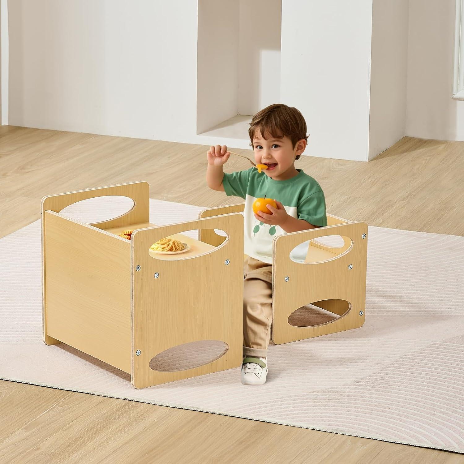 image:imageVEVOR Montessori Weaning Table and Chair Set 3 in 1 Wooden Toddler Table and Chairs with Chalkboard Adjustable Height Montessori Table for Ages 15 Ideal for Drawing Reading Eating WhiteNatural