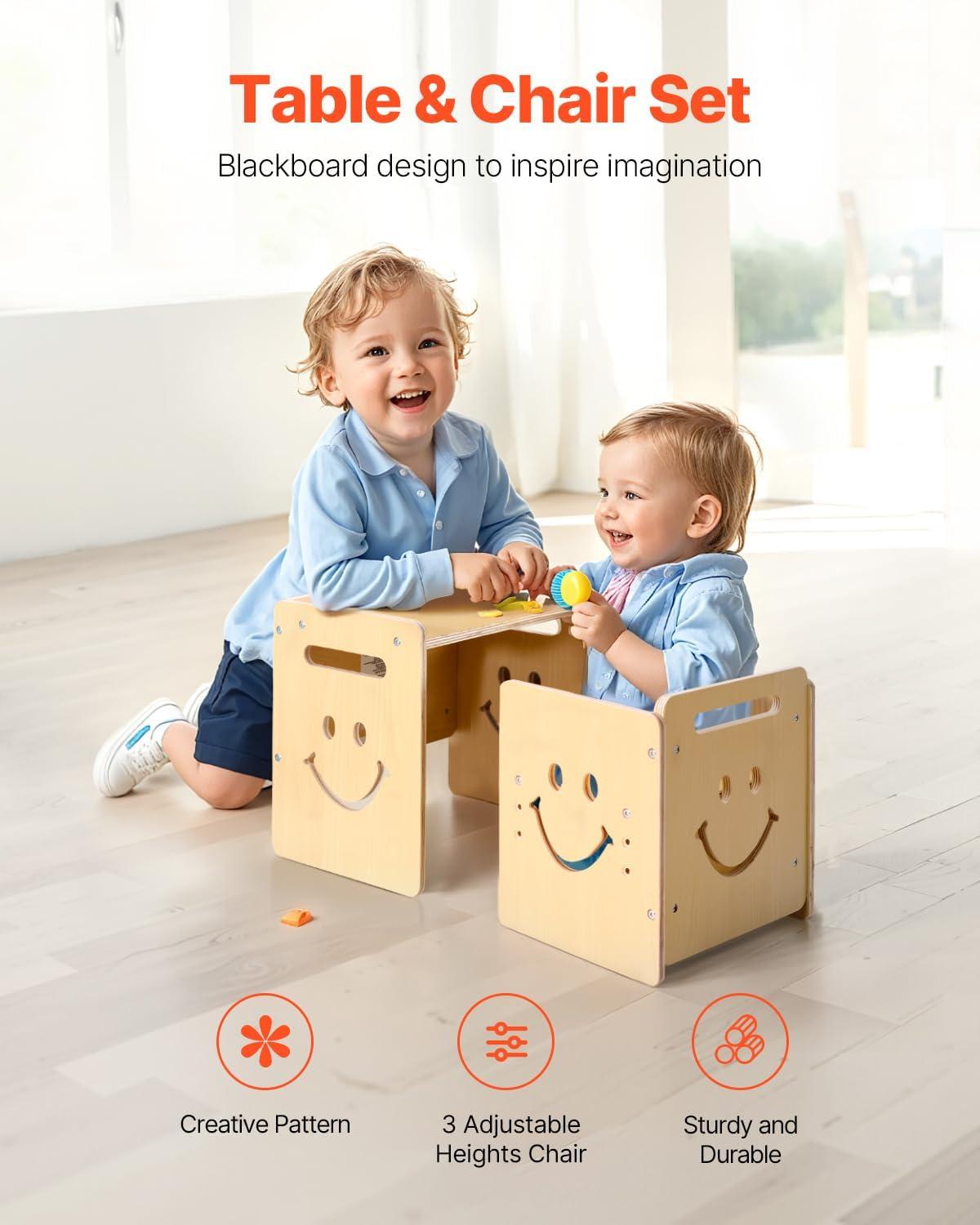 image:imageVEVOR Montessori Weaning Table and Chair Set 3 in 1 Wooden Toddler Table and Chairs with Chalkboard Adjustable Height Montessori Table for Ages 15 Ideal for Drawing Reading Eating WhiteNatural