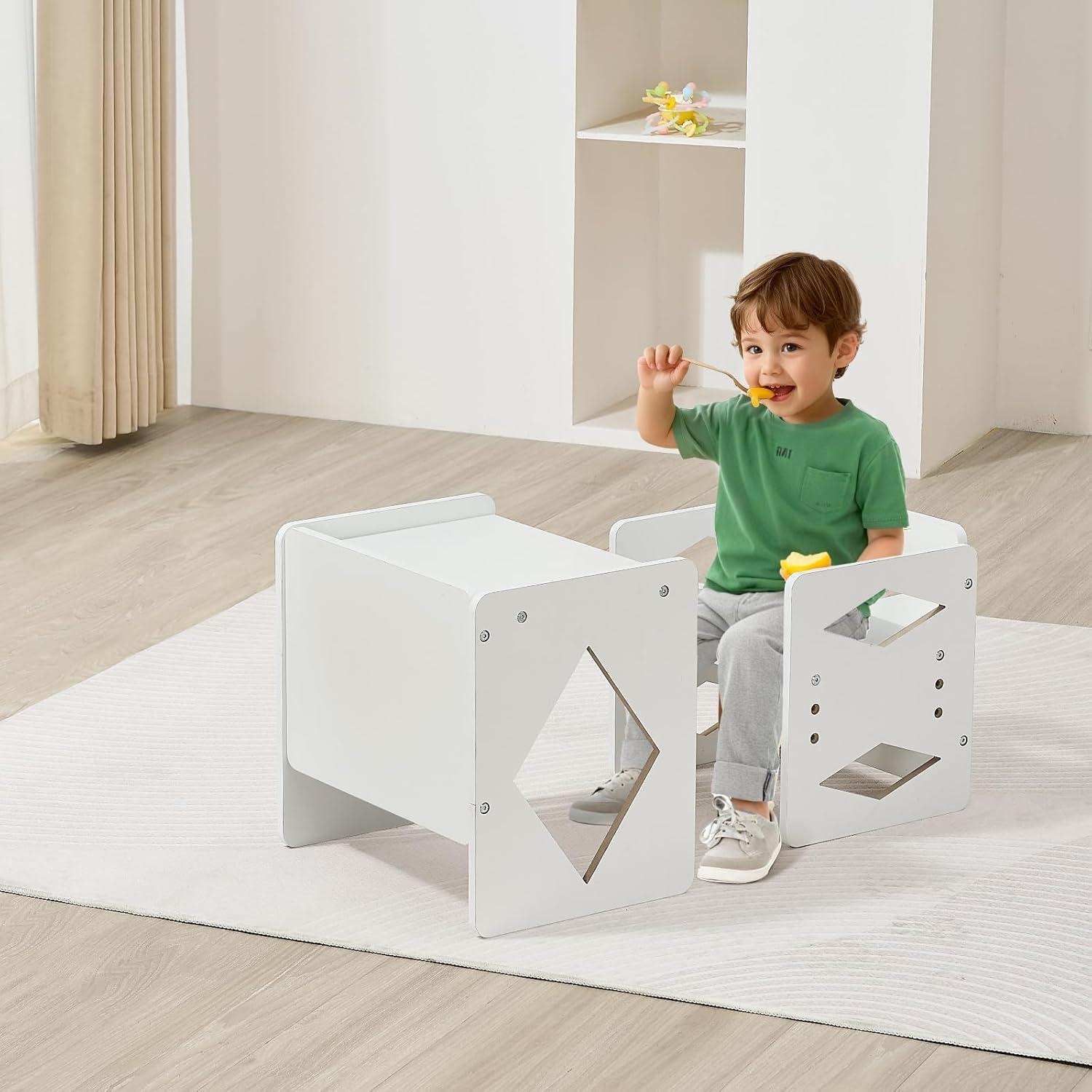 image:imageVEVOR Montessori Weaning Table and Chair Set 3 in 1 Wooden Toddler Table and Chairs with Chalkboard Adjustable Height Montessori Table for Ages 15 Ideal for Drawing Reading Eating WhiteWhite