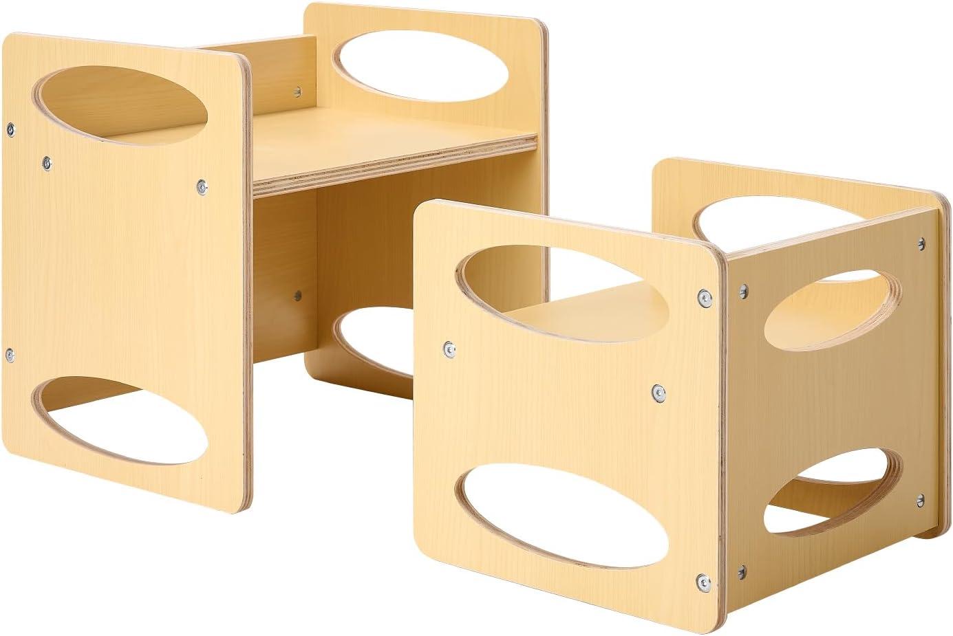 image:imageVEVOR Montessori Weaning Table and Chair Set 3 in 1 Wooden Toddler Table and Chairs with Chalkboard Adjustable Height Montessori Table for Ages 15 Ideal for Drawing Reading Eating WhiteNatural