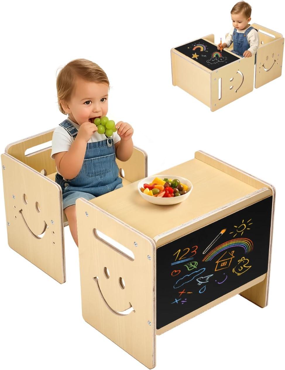 image:imageVEVOR Montessori Weaning Table and Chair Set 3 in 1 Wooden Toddler Table and Chairs with Chalkboard Adjustable Height Montessori Table for Ages 15 Ideal for Drawing Reading Eating WhiteNatural