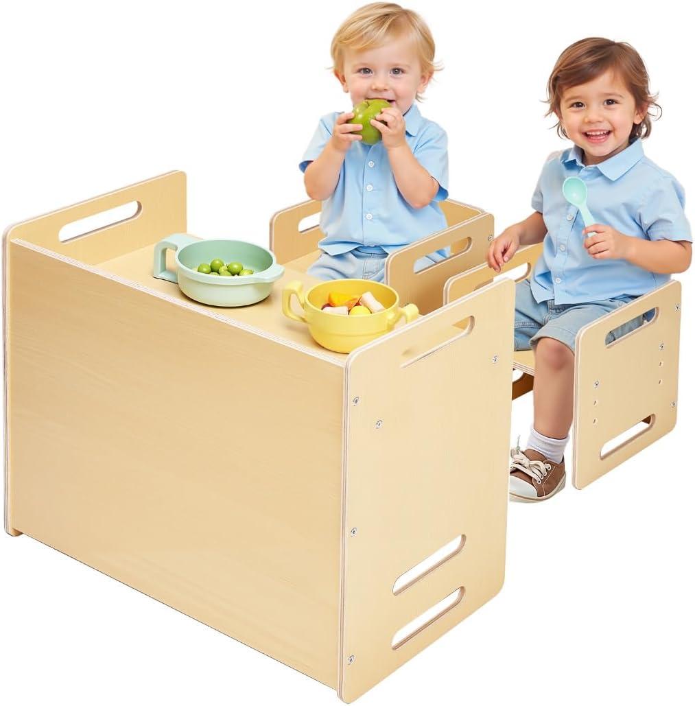 image:imageVEVOR Montessori Weaning Table and Chair Set 3 in 1 Wooden Toddler Table and Chairs with Chalkboard Adjustable Height Montessori Table for Ages 15 Ideal for Drawing Reading Eating WhiteNatural