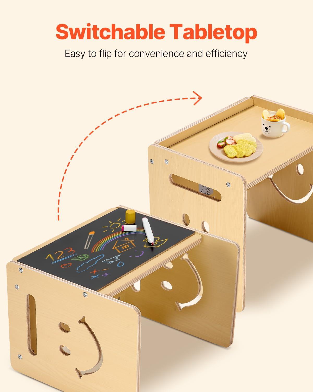 image:imageVEVOR Montessori Weaning Table and Chair Set 3 in 1 Wooden Toddler Table and Chairs with Chalkboard Adjustable Height Montessori Table for Ages 15 Ideal for Drawing Reading Eating WhiteNatural