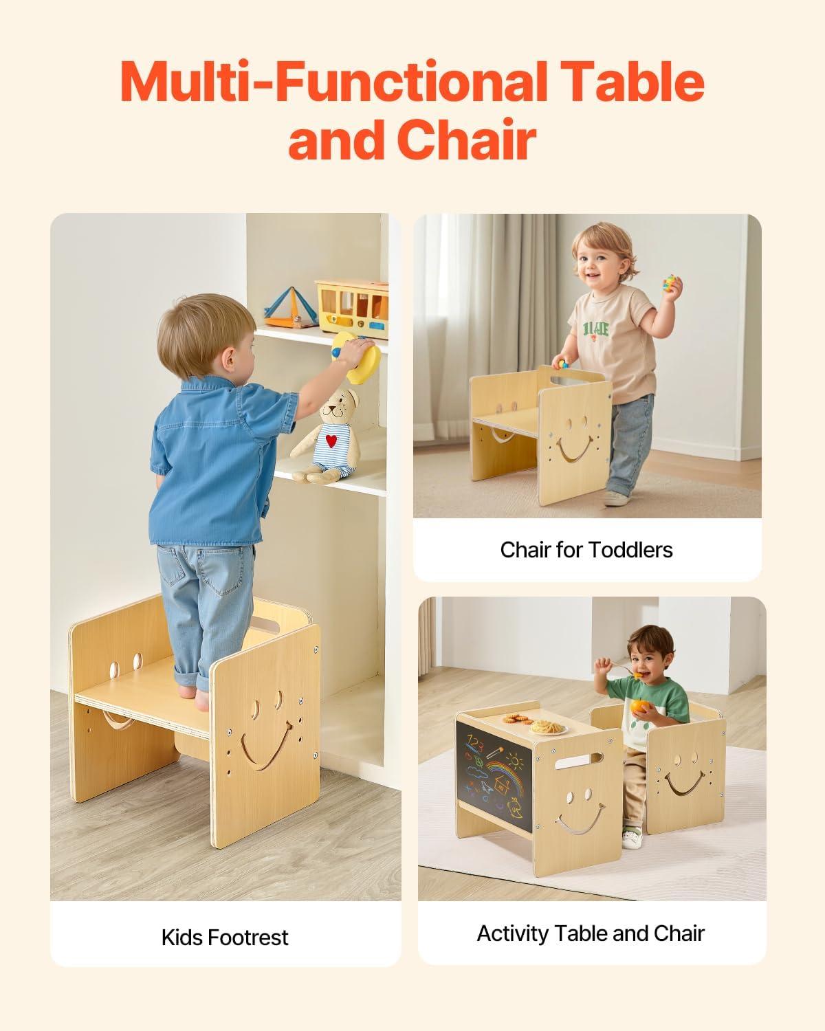 image:imageVEVOR Montessori Weaning Table and Chair Set 3 in 1 Wooden Toddler Table and Chairs with Chalkboard Adjustable Height Montessori Table for Ages 15 Ideal for Drawing Reading Eating WhiteNatural
