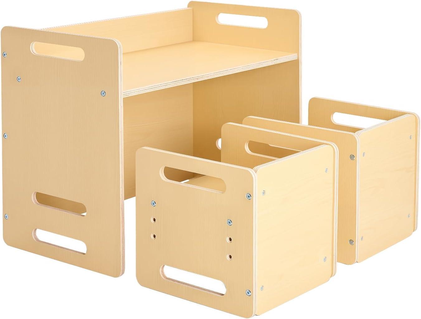 image:imageVEVOR Montessori Weaning Table and Chair Set 3 in 1 Wooden Toddler Table and Chairs with Chalkboard Adjustable Height Montessori Table for Ages 15 Ideal for Drawing Reading Eating WhiteNatural