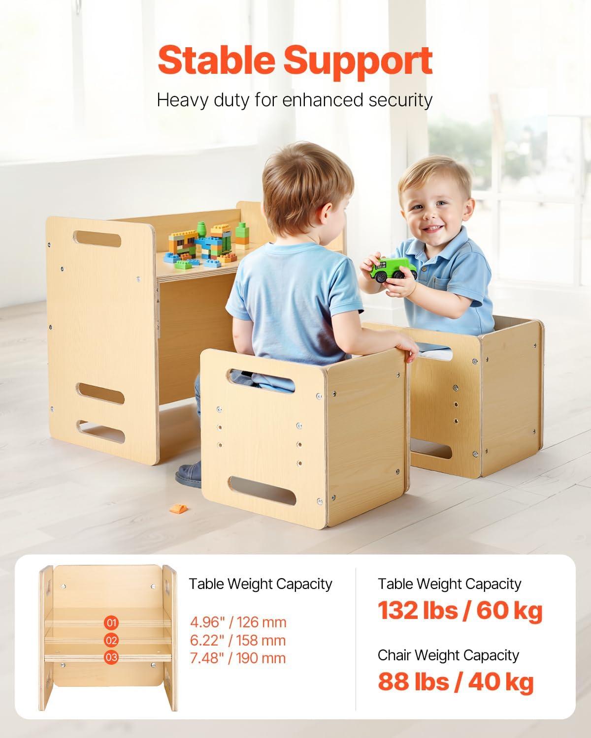 image:imageVEVOR Montessori Weaning Table and Chair Set 3 in 1 Wooden Toddler Table and Chairs with Chalkboard Adjustable Height Montessori Table for Ages 15 Ideal for Drawing Reading Eating WhiteNatural