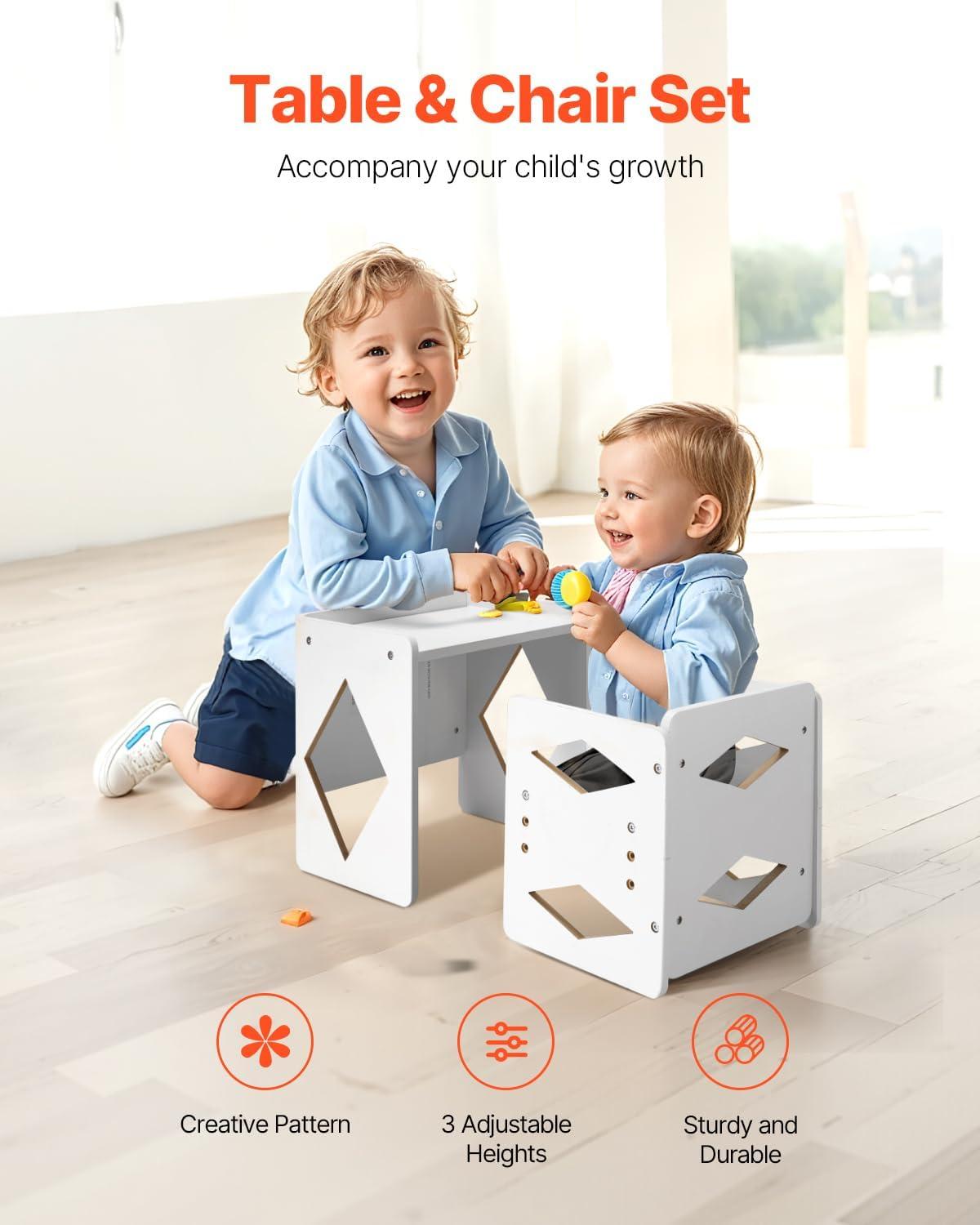 image:imageVEVOR Montessori Weaning Table and Chair Set 3 in 1 Wooden Toddler Table and Chairs with Chalkboard Adjustable Height Montessori Table for Ages 15 Ideal for Drawing Reading Eating WhiteWhite
