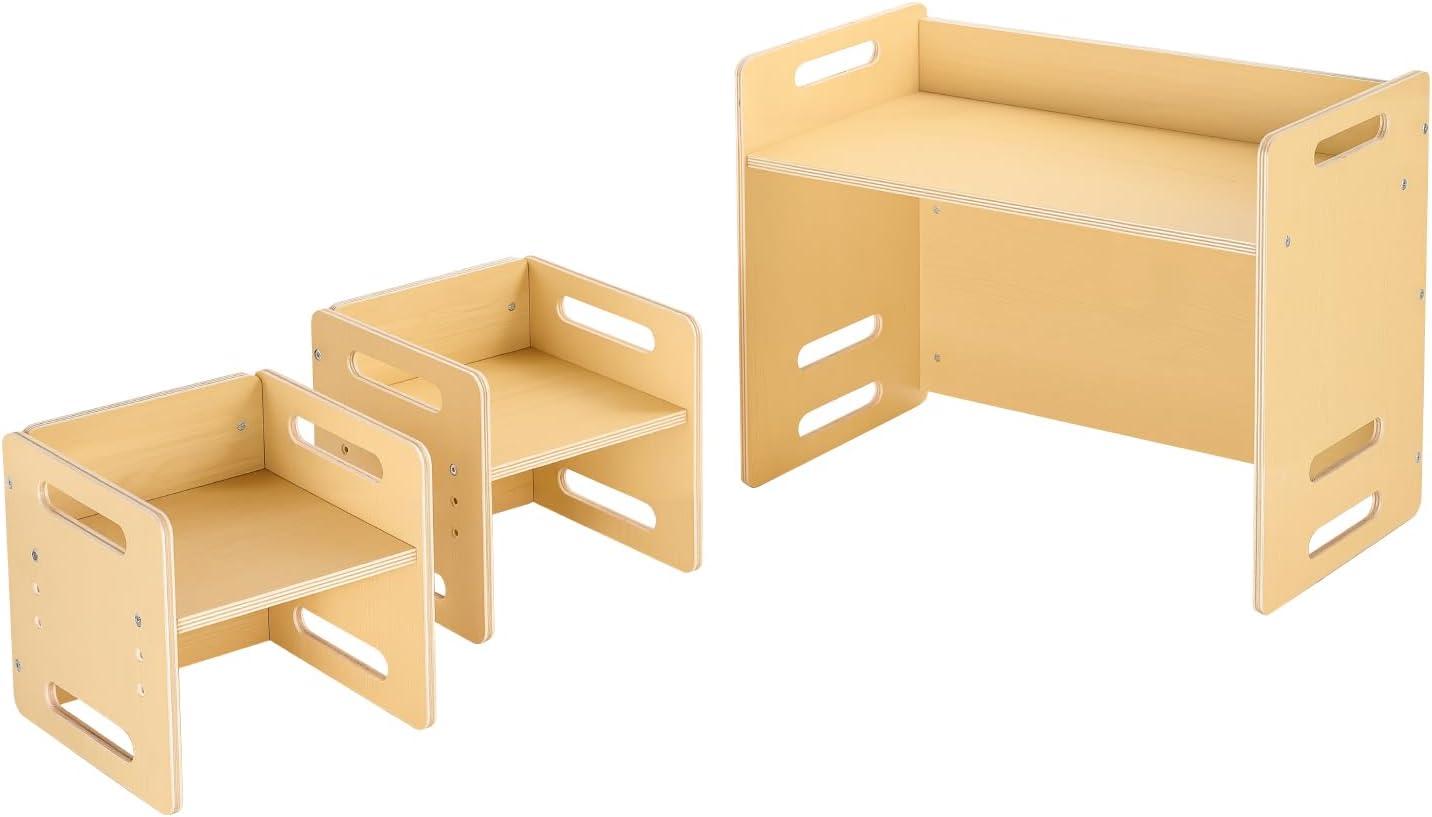 image:imageVEVOR Montessori Weaning Table and Chair Set 3 in 1 Wooden Toddler Table and Chairs with Chalkboard Adjustable Height Montessori Table for Ages 15 Ideal for Drawing Reading Eating WhiteNatural