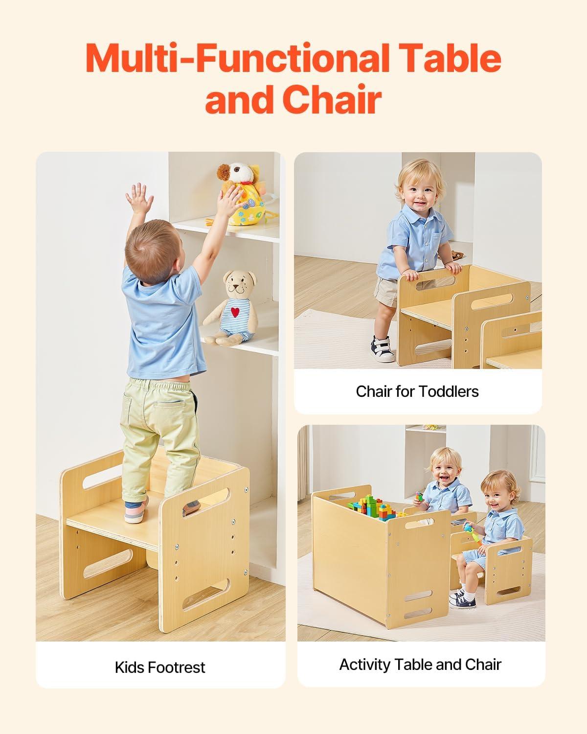 image:imageVEVOR Montessori Weaning Table and Chair Set 3 in 1 Wooden Toddler Table and Chairs with Chalkboard Adjustable Height Montessori Table for Ages 15 Ideal for Drawing Reading Eating WhiteNatural