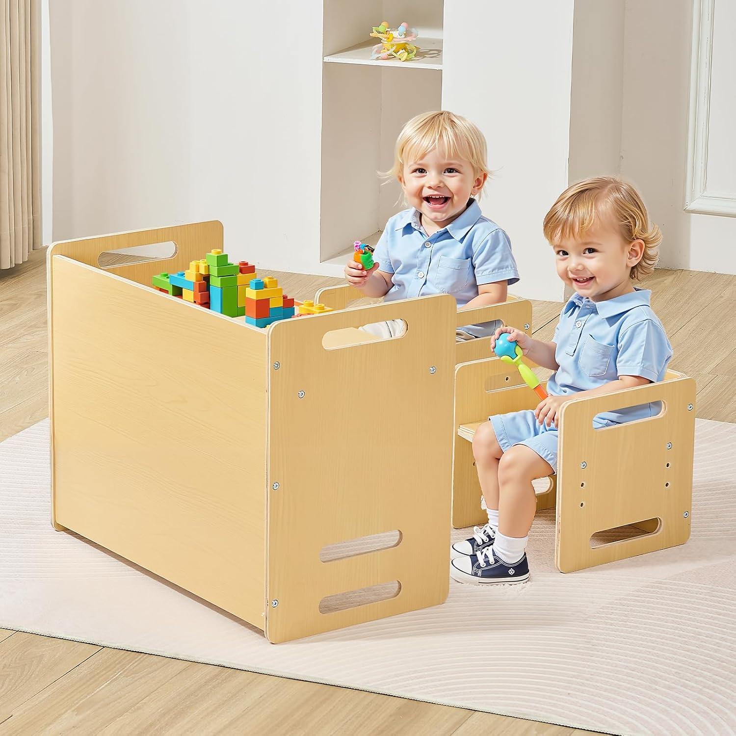 image:imageVEVOR Montessori Weaning Table and Chair Set 3 in 1 Wooden Toddler Table and Chairs with Chalkboard Adjustable Height Montessori Table for Ages 15 Ideal for Drawing Reading Eating WhiteNatural
