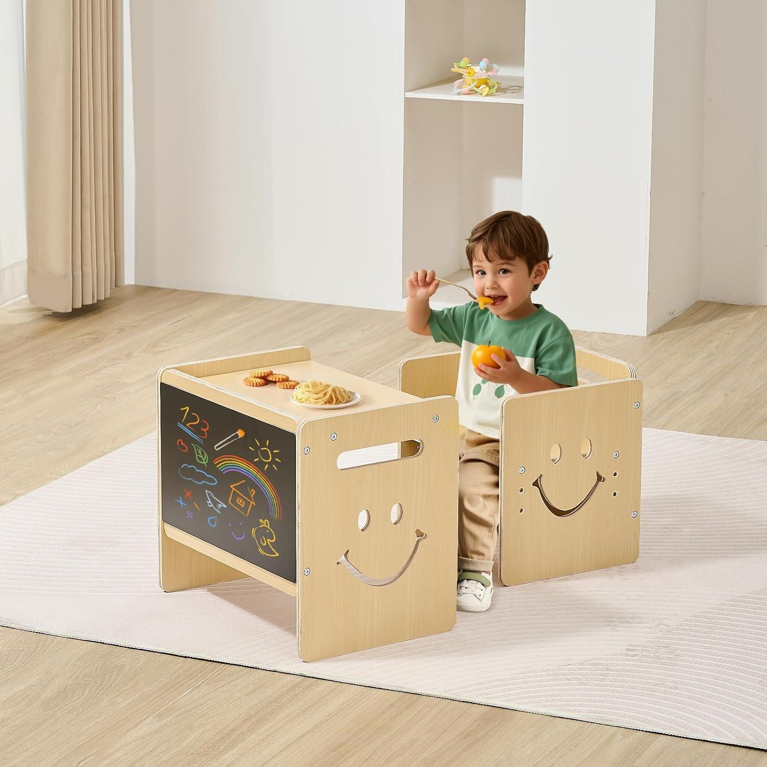 image:imageVEVOR Montessori Weaning Table and Chair Set 3 in 1 Wooden Toddler Table and Chairs with Chalkboard Adjustable Height Montessori Table for Ages 15 Ideal for Drawing Reading Eating WhiteNatural