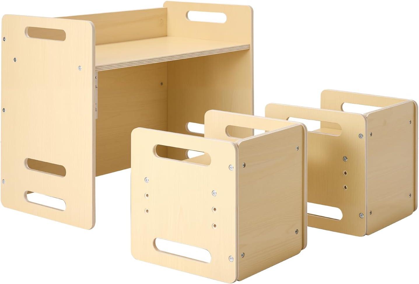image:imageVEVOR Montessori Weaning Table and Chair Set 3 in 1 Wooden Toddler Table and Chairs with Chalkboard Adjustable Height Montessori Table for Ages 15 Ideal for Drawing Reading Eating WhiteNatural
