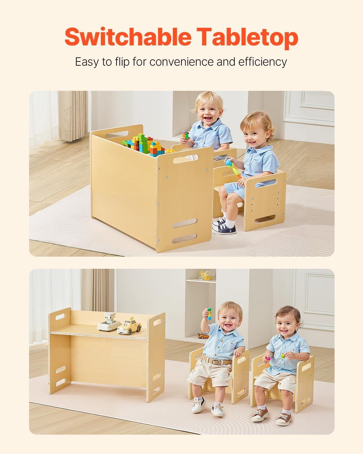 image:imageVEVOR Montessori Weaning Table and Chair Set 3 in 1 Wooden Toddler Table and Chairs with Chalkboard Adjustable Height Montessori Table for Ages 15 Ideal for Drawing Reading Eating WhiteNatural