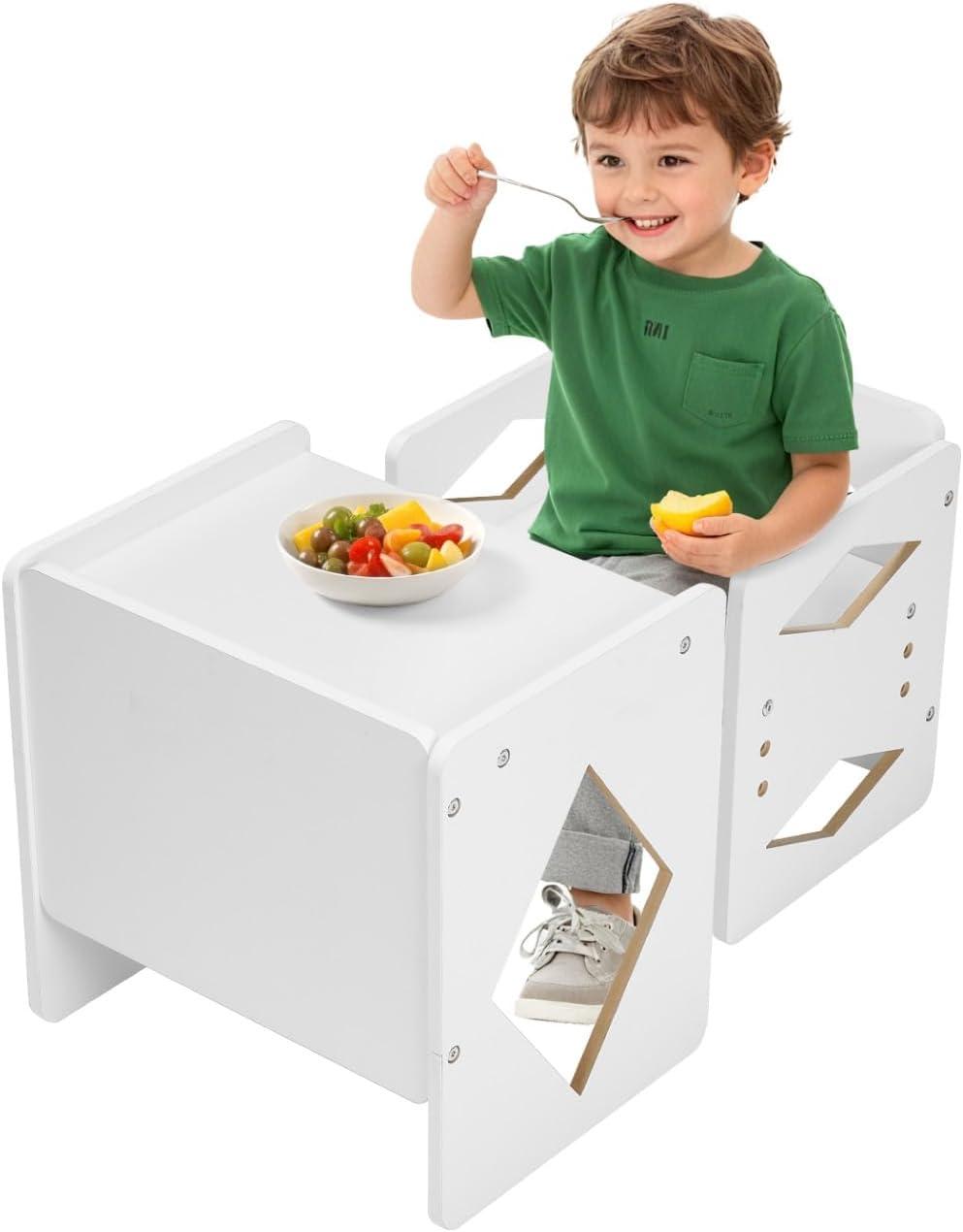 image:imageVEVOR Montessori Weaning Table and Chair Set 3 in 1 Wooden Toddler Table and Chairs with Chalkboard Adjustable Height Montessori Table for Ages 15 Ideal for Drawing Reading Eating WhiteWhite