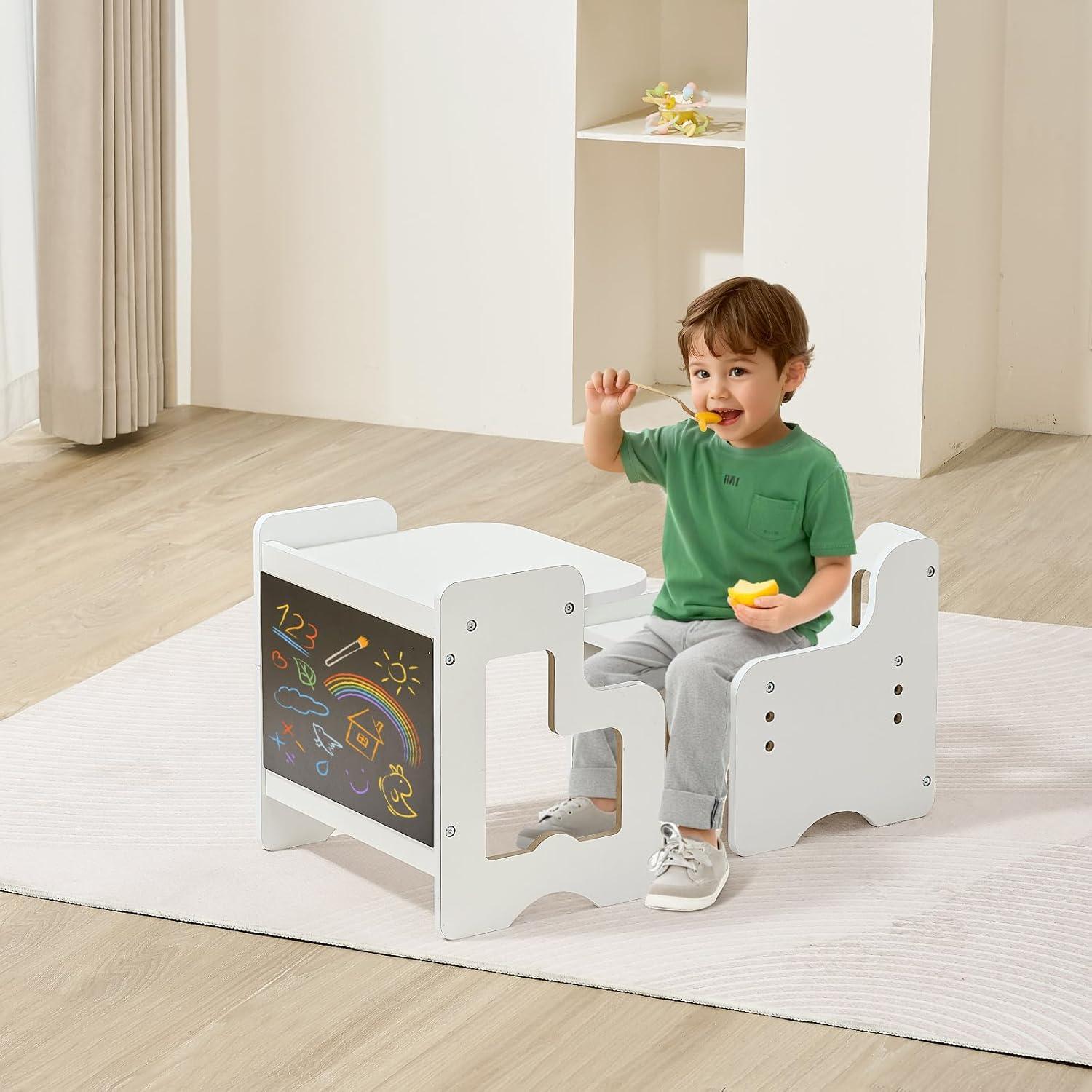 image:imageVEVOR Montessori Weaning Table and Chair Set 3 in 1 Wooden Toddler Table and Chairs with Chalkboard Adjustable Height Montessori Table for Ages 15 Ideal for Drawing Reading Eating WhiteWhite