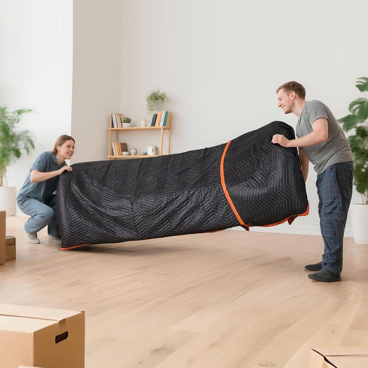 image:imageVEVOR Moving Blankets 80 x 72 35 lbsdz Weight 12 Packs Professional NonWoven amp Recycled Cotton Packing Blanket Heavy Duty Mover Pads for Protecting Furniture Floors Appliances BlueOrangeBlack Side Dark Blue Side Orange Edges