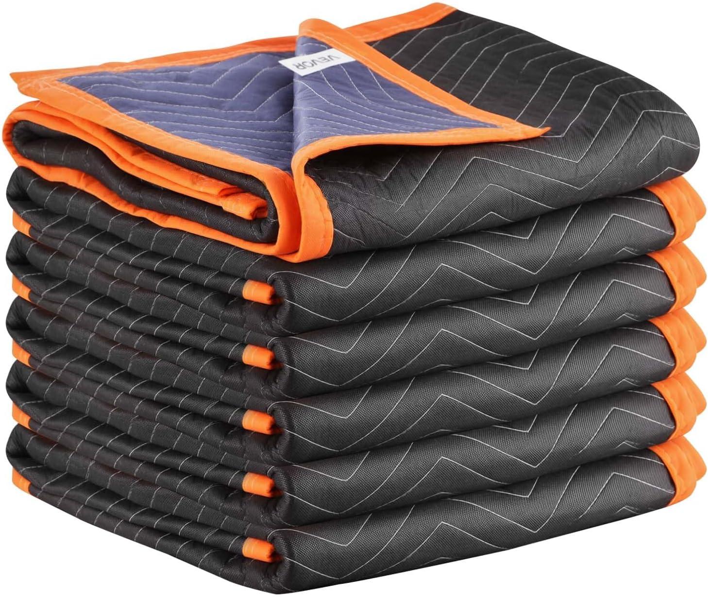 image:imageVEVOR Moving Blankets 80 x 72 35 lbsdz Weight 12 Packs Professional NonWoven amp Recycled Cotton Packing Blanket Heavy Duty Mover Pads for Protecting Furniture Floors Appliances BlueOrangeBlack Side Dark Blue Side Orange Edges