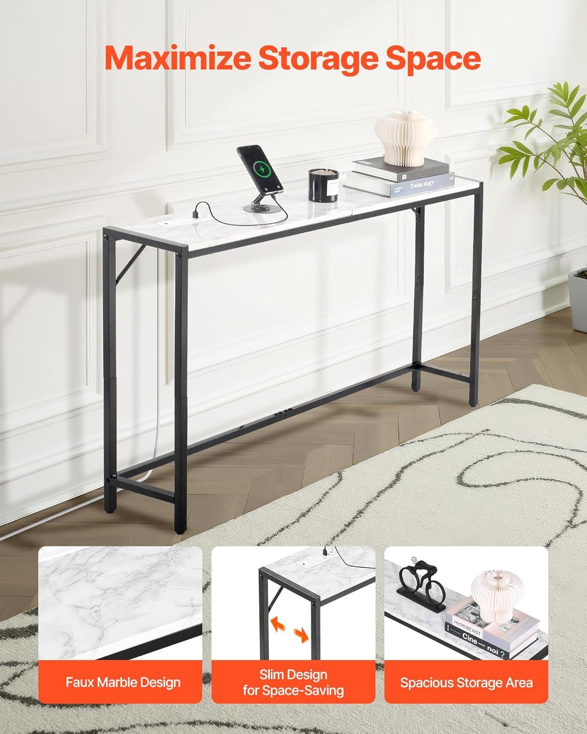 image:imageVEVOR Narrow Console Table 417 Behind Couch Shelf with Power Outlets 2Tier Long Entryway Shelf Sofa Table with Metal Frame and Charge Station for Entryway Hallway Living RoomMarble