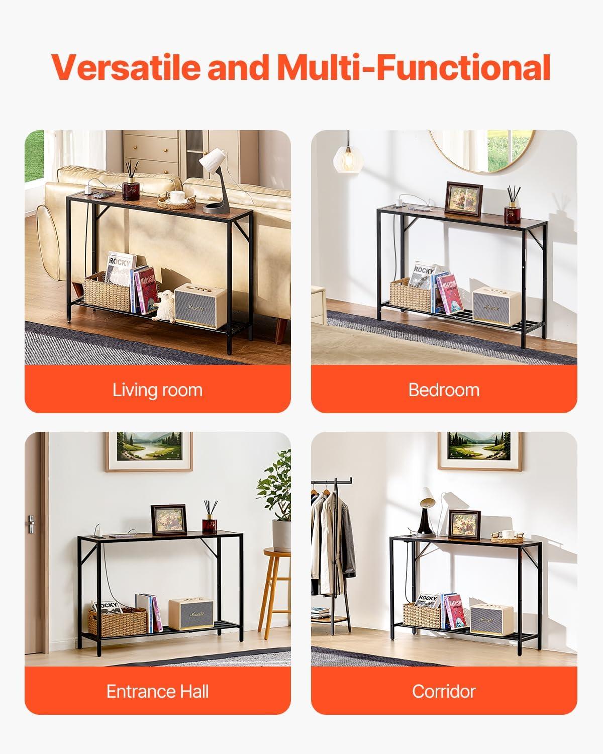 image:imageVEVOR Narrow Console Table 417 Behind Couch Shelf with Power Outlets 2Tier Long Entryway Shelf Sofa Table with Metal Frame and Charge Station for Entryway Hallway Living RoomBrown