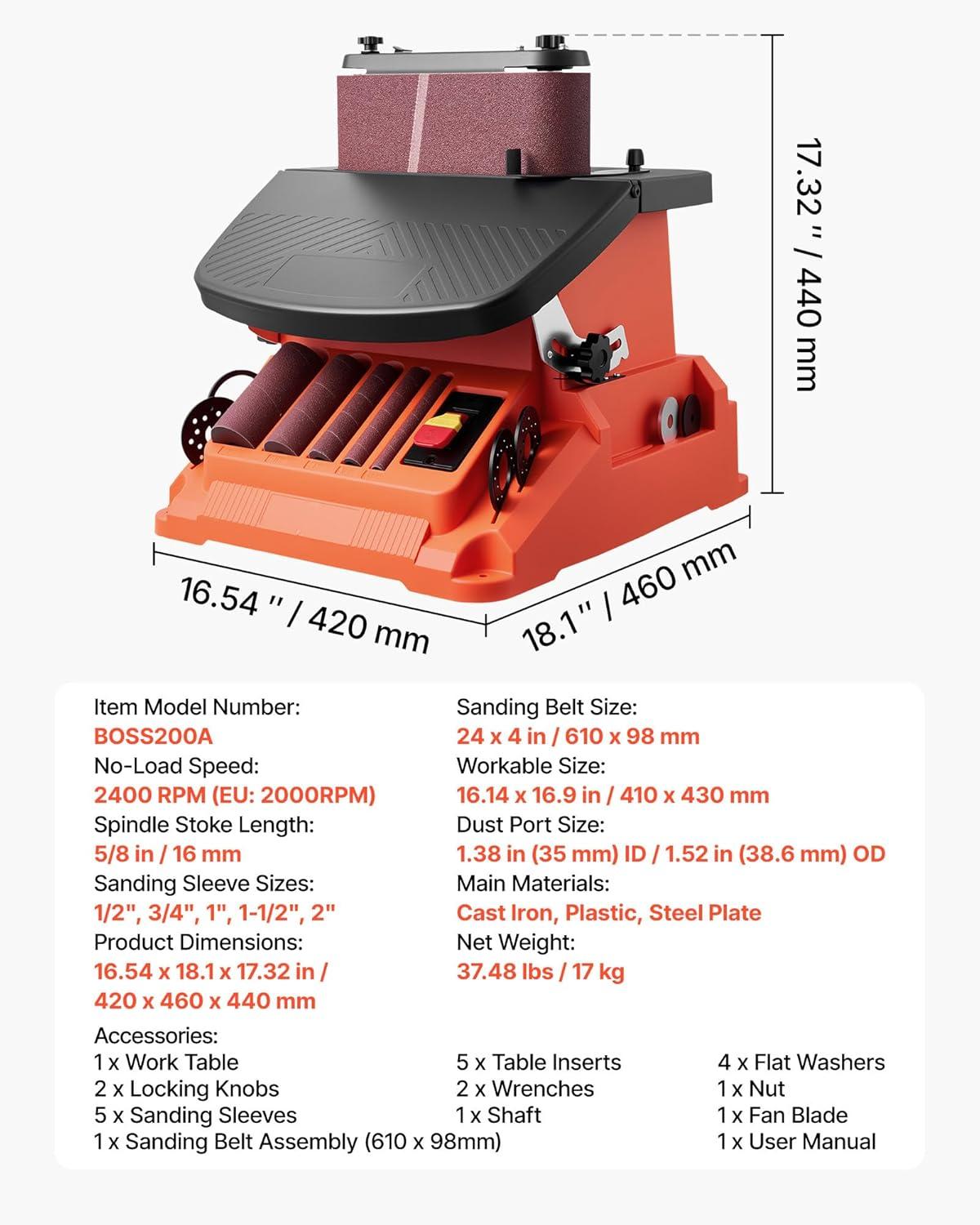 image:imageVEVOR Oscillating Spindle Sander 2400RPM Benchtop Spindle Sander with 6 Sleeves 123 58 Stroke 156 x 116 Cast Iron Worktable for Furniture Finishing Crafts Sanding DIY Woodworking24x386