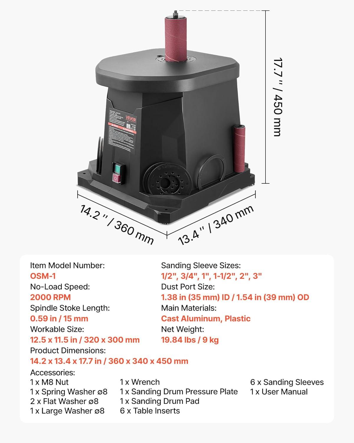 image:imageVEVOR Oscillating Spindle Sander 2400RPM Benchtop Spindle Sander with 6 Sleeves 123 58 Stroke 156 x 116 Cast Iron Worktable for Furniture Finishing Crafts Sanding DIY Woodworking15x115
