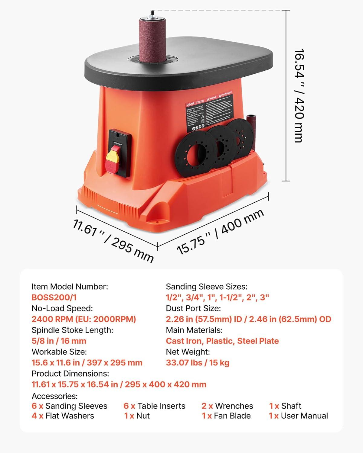 image:imageVEVOR Oscillating Spindle Sander 2400RPM Benchtop Spindle Sander with 6 Sleeves 123 58 Stroke 156 x 116 Cast Iron Worktable for Furniture Finishing Crafts Sanding DIY Woodworking156x116