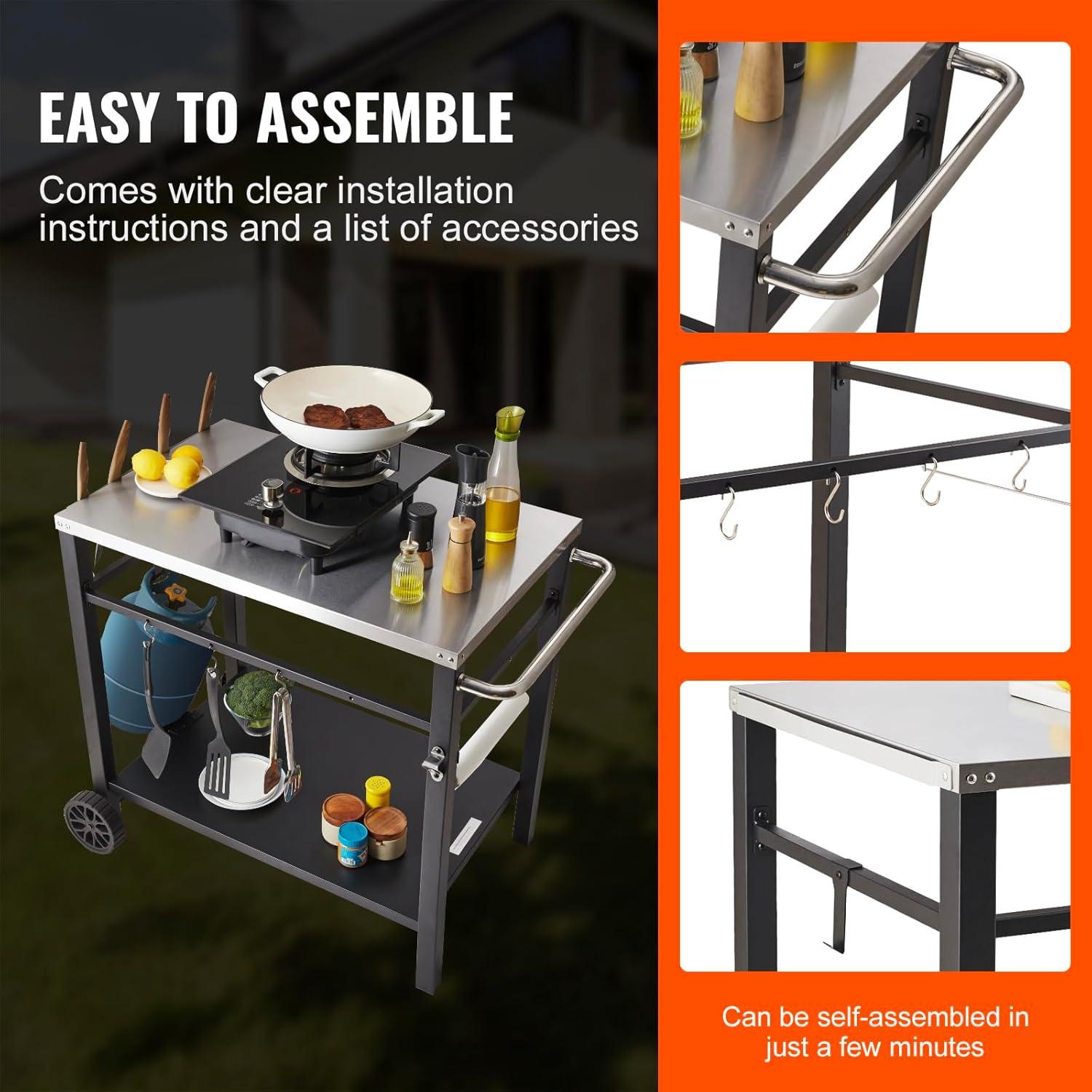 image:imageVEVOR Outdoor Grill Dining Cart with DoubleShelf BBQ Movable Food Prep Table Multifunctional Stainless Steel Table Top Portable Modular Carts for Pizza Oven Worktable with 2 Wheels Carry HandleStainless Steel Table Top