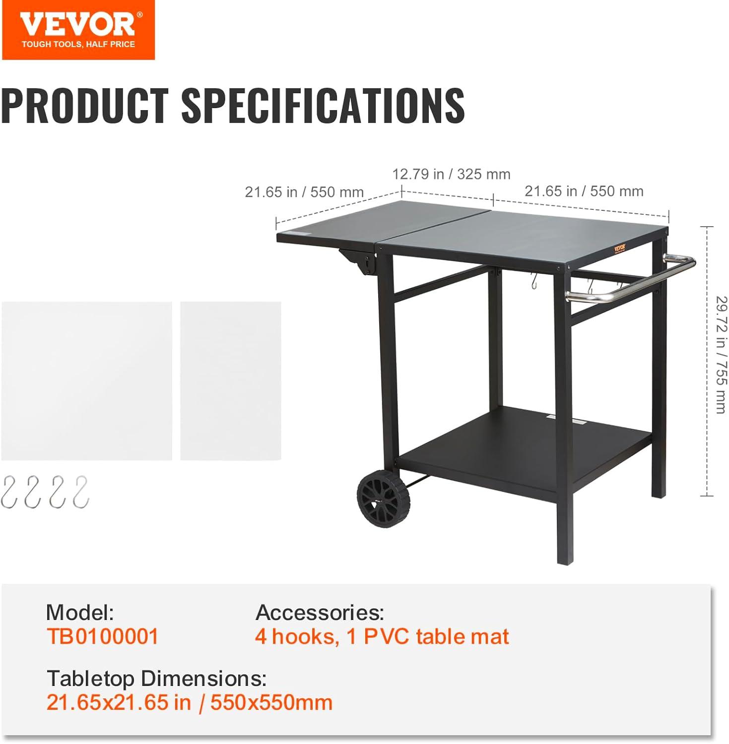 image:imageVEVOR Outdoor Grill Dining Cart with DoubleShelf BBQ Movable Food Prep Table Multifunctional Stainless Steel Table Top Portable Modular Carts for Pizza Oven Worktable with 2 Wheels Carry HandleIron Table Top