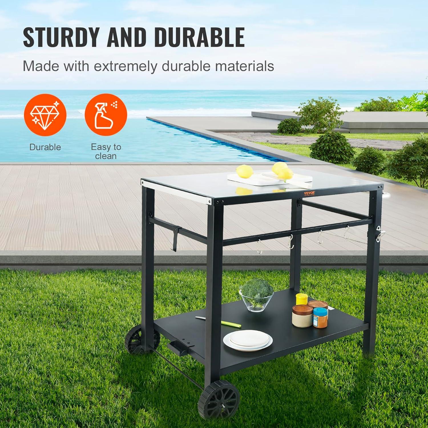 image:imageVEVOR Outdoor Grill Dining Cart with DoubleShelf BBQ Movable Food Prep Table Multifunctional Stainless Steel Table Top Portable Modular Carts for Pizza Oven Worktable with 2 Wheels Carry HandleIron Table Top