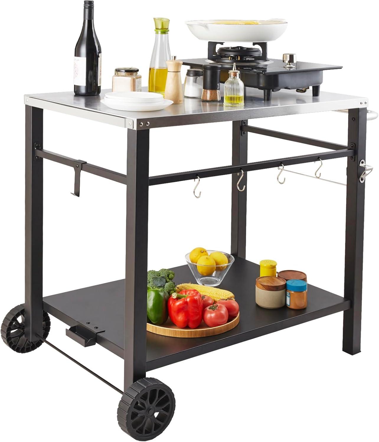 image:imageVEVOR Outdoor Grill Dining Cart with DoubleShelf BBQ Movable Food Prep Table Multifunctional Stainless Steel Table Top Portable Modular Carts for Pizza Oven Worktable with 2 Wheels Carry HandleStainless Steel Table Top