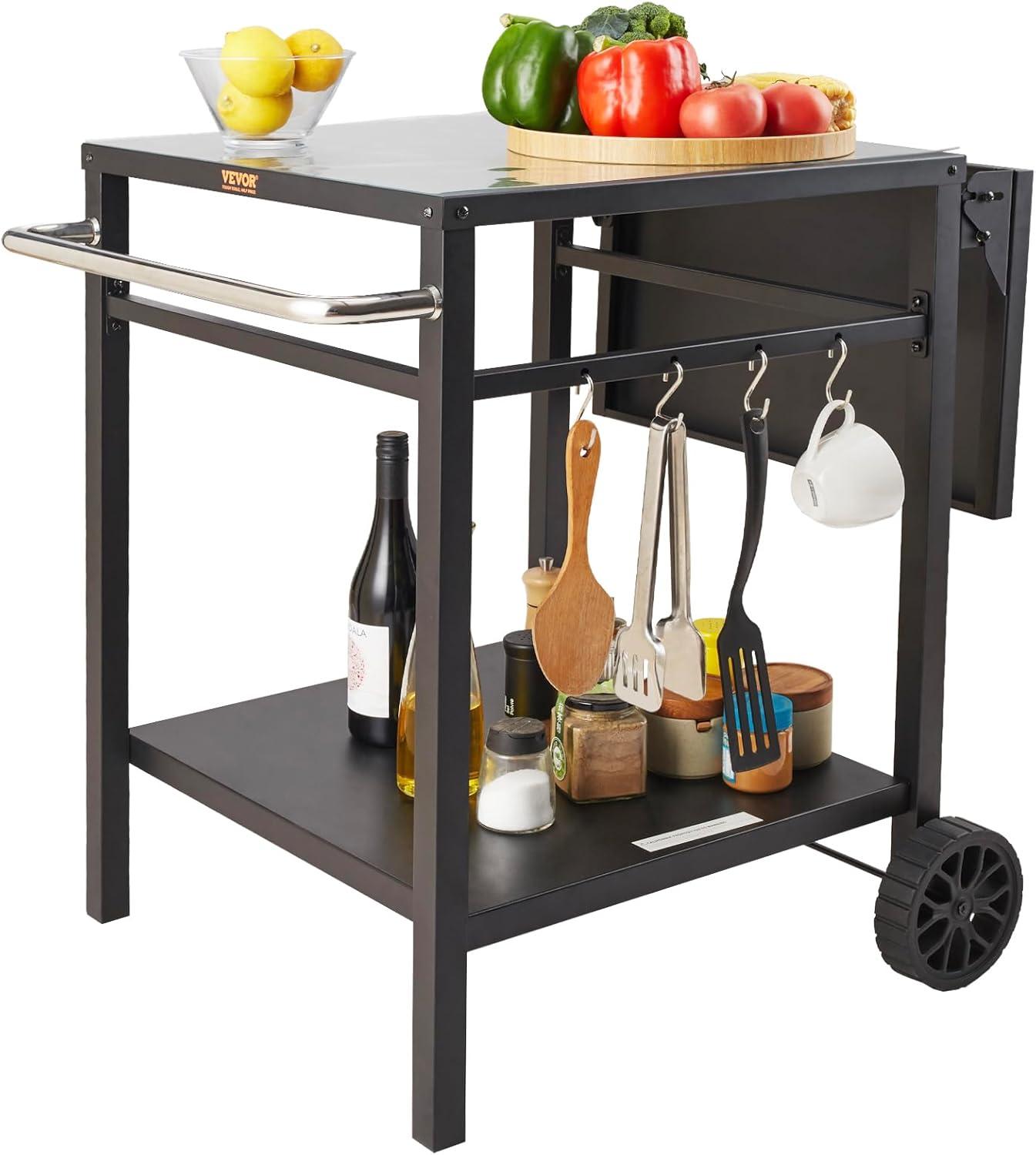 image:imageVEVOR Outdoor Grill Dining Cart with DoubleShelf BBQ Movable Food Prep Table Multifunctional Stainless Steel Table Top Portable Modular Carts for Pizza Oven Worktable with 2 Wheels Carry HandleIron Table Top