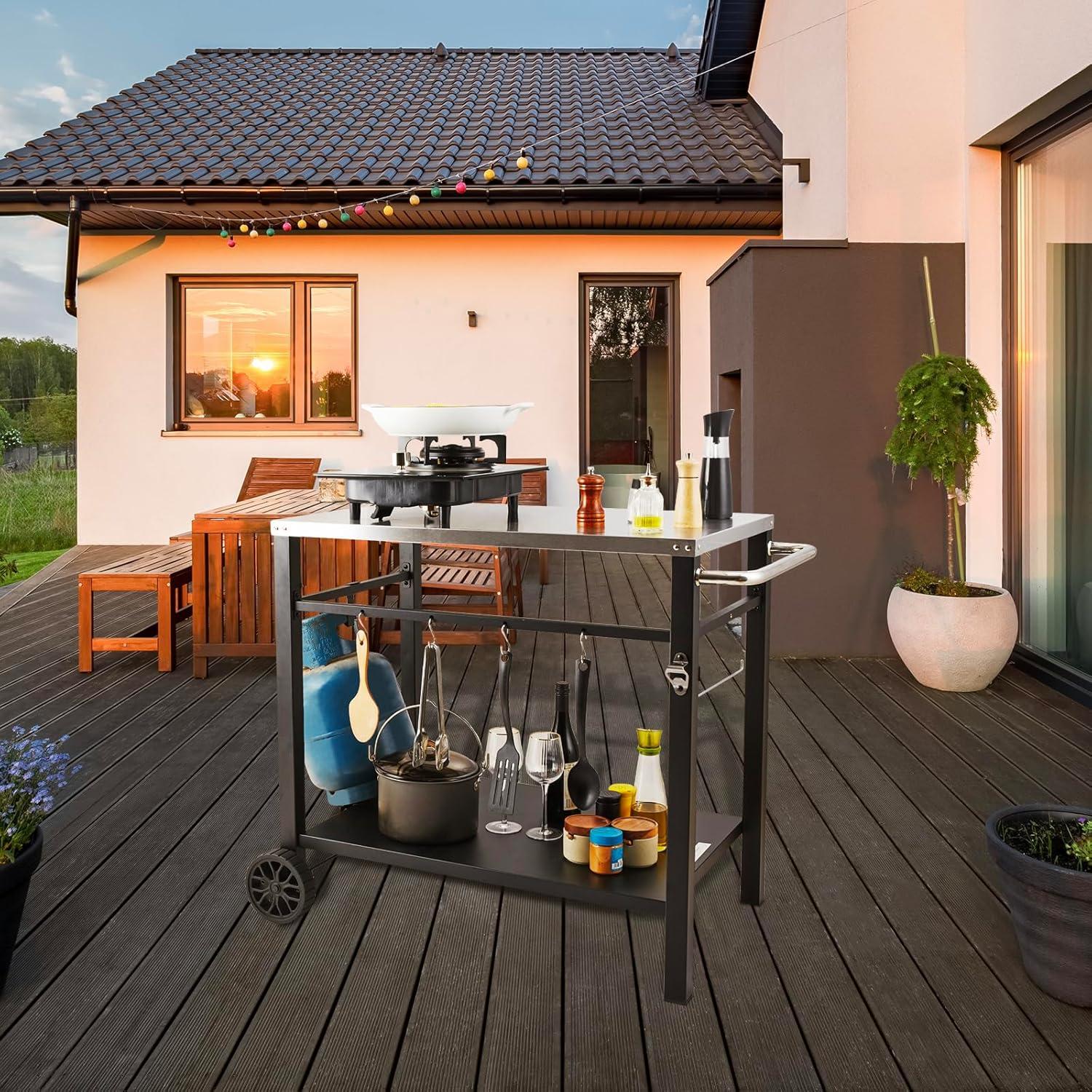 image:imageVEVOR Outdoor Grill Dining Cart with DoubleShelf BBQ Movable Food Prep Table Multifunctional Stainless Steel Table Top Portable Modular Carts for Pizza Oven Worktable with 2 Wheels Carry HandleStainless Steel Table Top