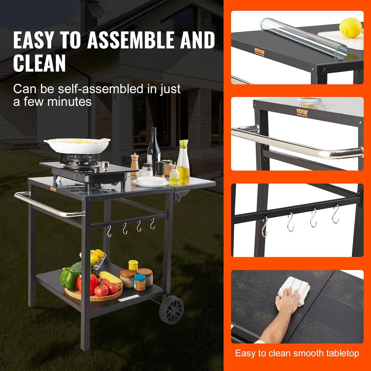 image:imageVEVOR Outdoor Grill Dining Cart with DoubleShelf BBQ Movable Food Prep Table Multifunctional Stainless Steel Table Top Portable Modular Carts for Pizza Oven Worktable with 2 Wheels Carry HandleIron Table Top