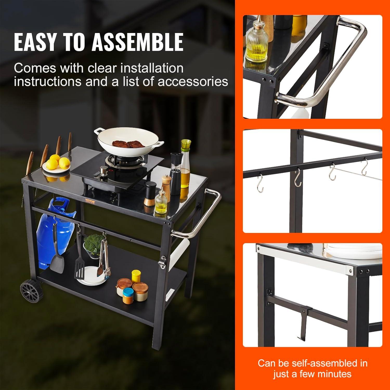 image:imageVEVOR Outdoor Grill Dining Cart with DoubleShelf BBQ Movable Food Prep Table Multifunctional Stainless Steel Table Top Portable Modular Carts for Pizza Oven Worktable with 2 Wheels Carry HandleIron Table Top
