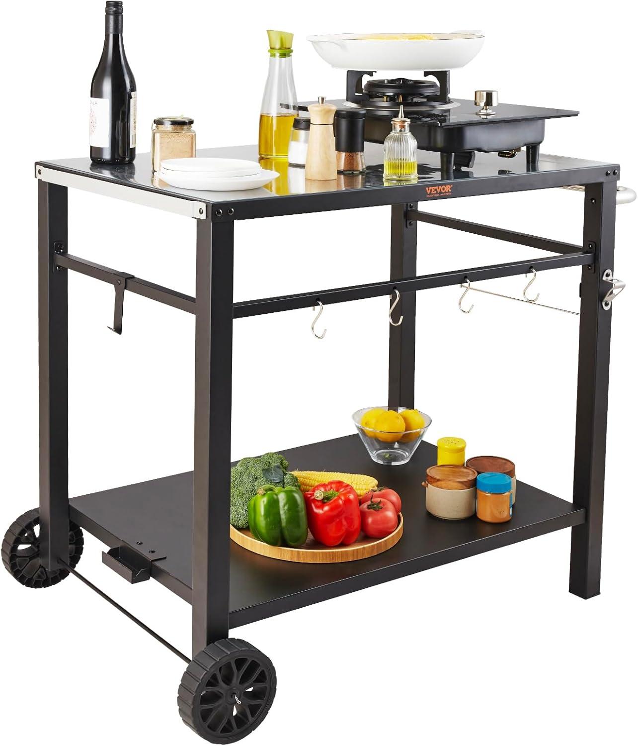 image:imageVEVOR Outdoor Grill Dining Cart with DoubleShelf BBQ Movable Food Prep Table Multifunctional Stainless Steel Table Top Portable Modular Carts for Pizza Oven Worktable with 2 Wheels Carry HandleIron Table Top